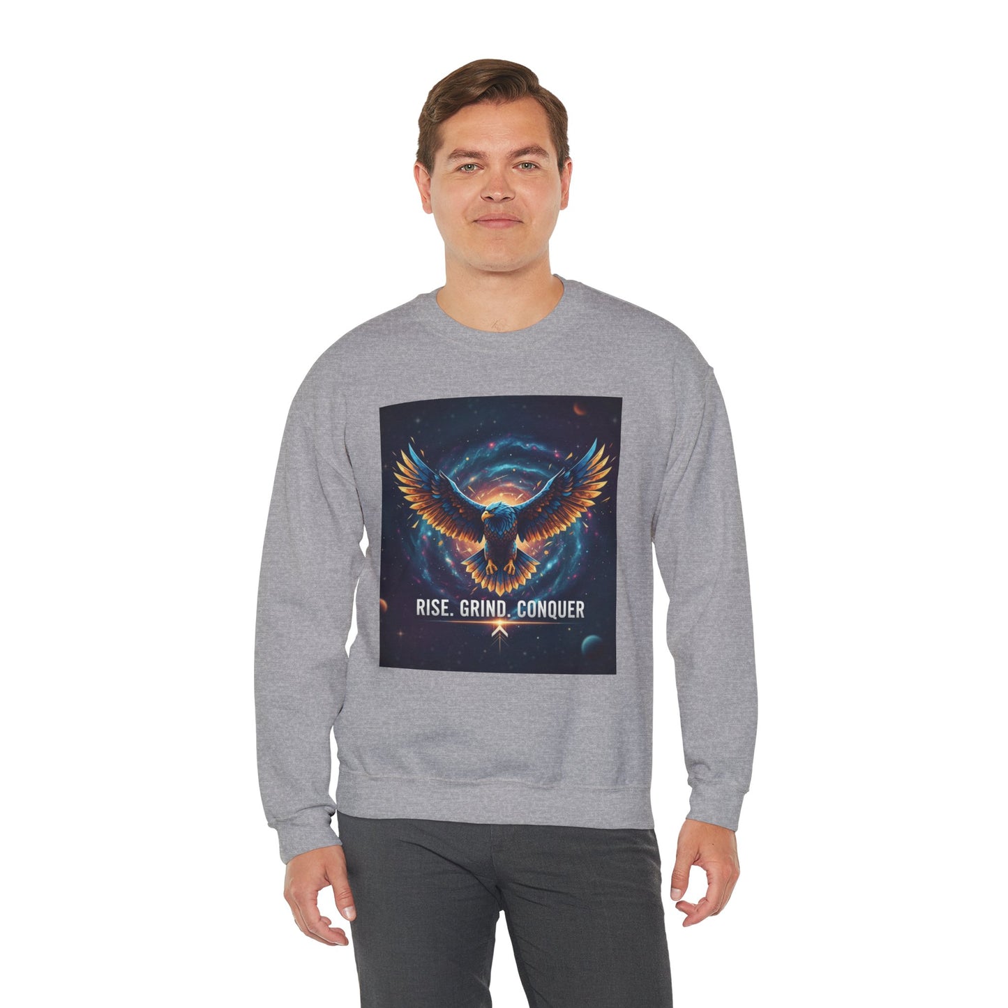 Cosmic Inspirational Sweatshirt - Rise, Grind, Conquer, Motivational Apparel, Unisex Crewneck, Casual Wear, Gift for Dreamers