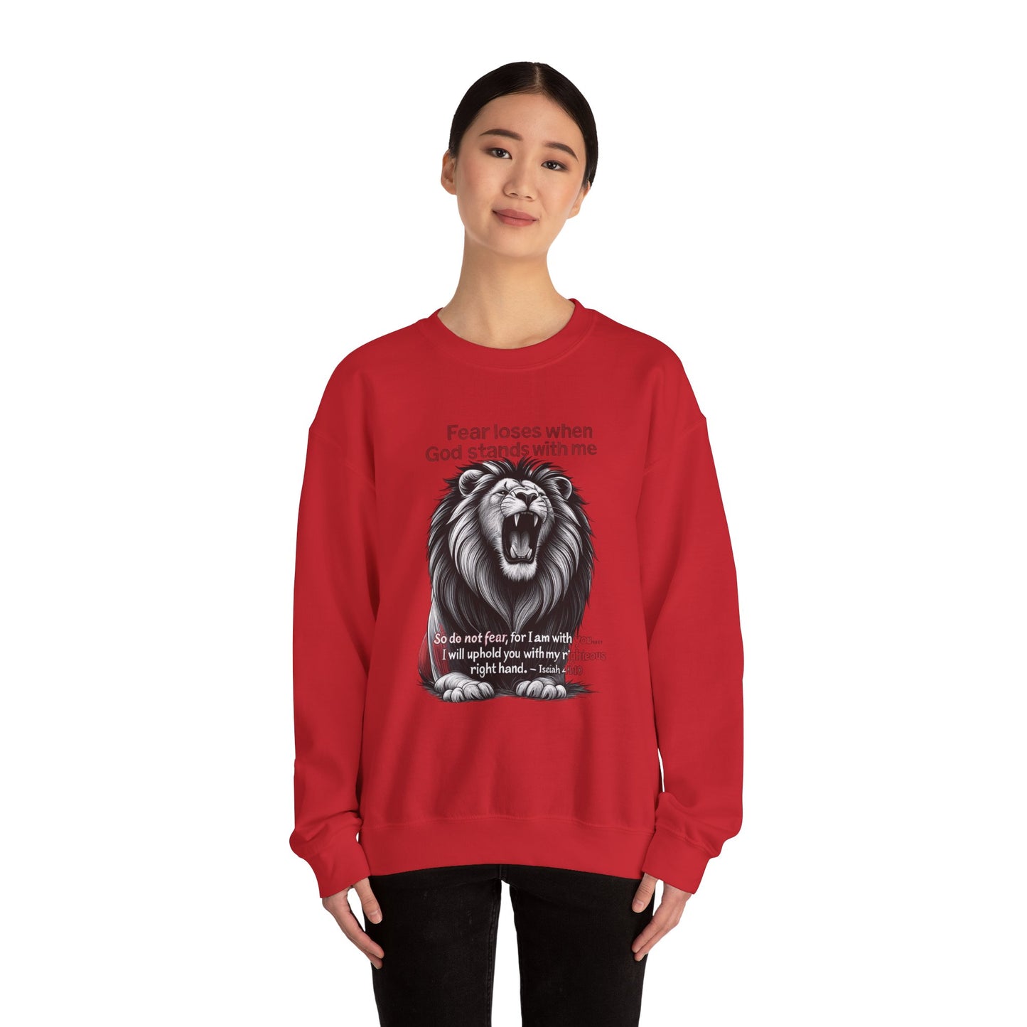 Fearless Lion Inspirational Crewneck Sweatshirt, Motivational Gift, Unisex Apparel, Cozy Sweatshirt, Christian Quote Sweatshirt