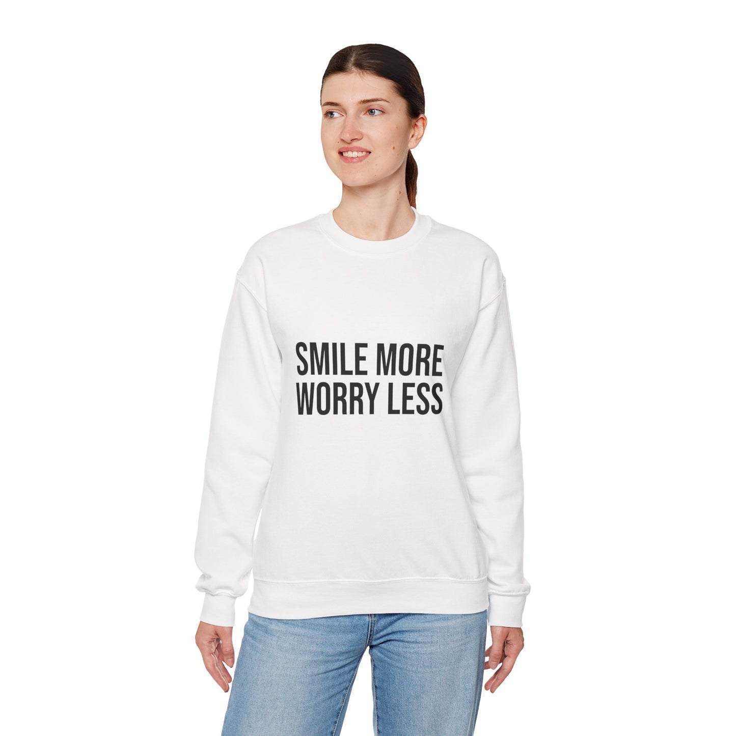 Unisex Inspirational Crewneck Sweatshirt - Smile More Worry Less, Cozy Gift for Friends, Relaxed Style, Casual Wear, Positive Vibes
