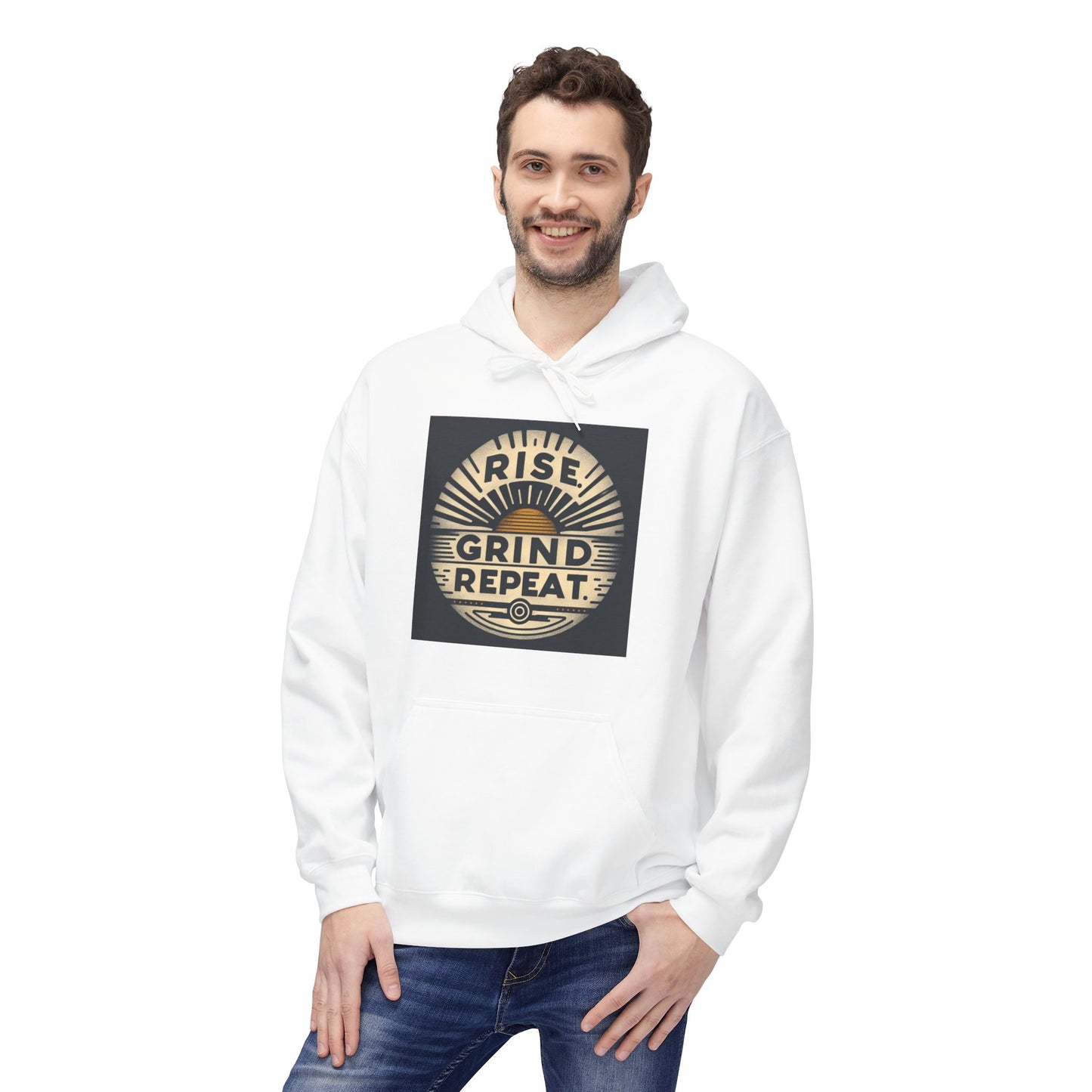 Rise, Grind, Repeat Motivational Fleece Hoodie - Unisex Crew Neck Sweatshirt for Gym, Fitness, Workout, Casual, Gift