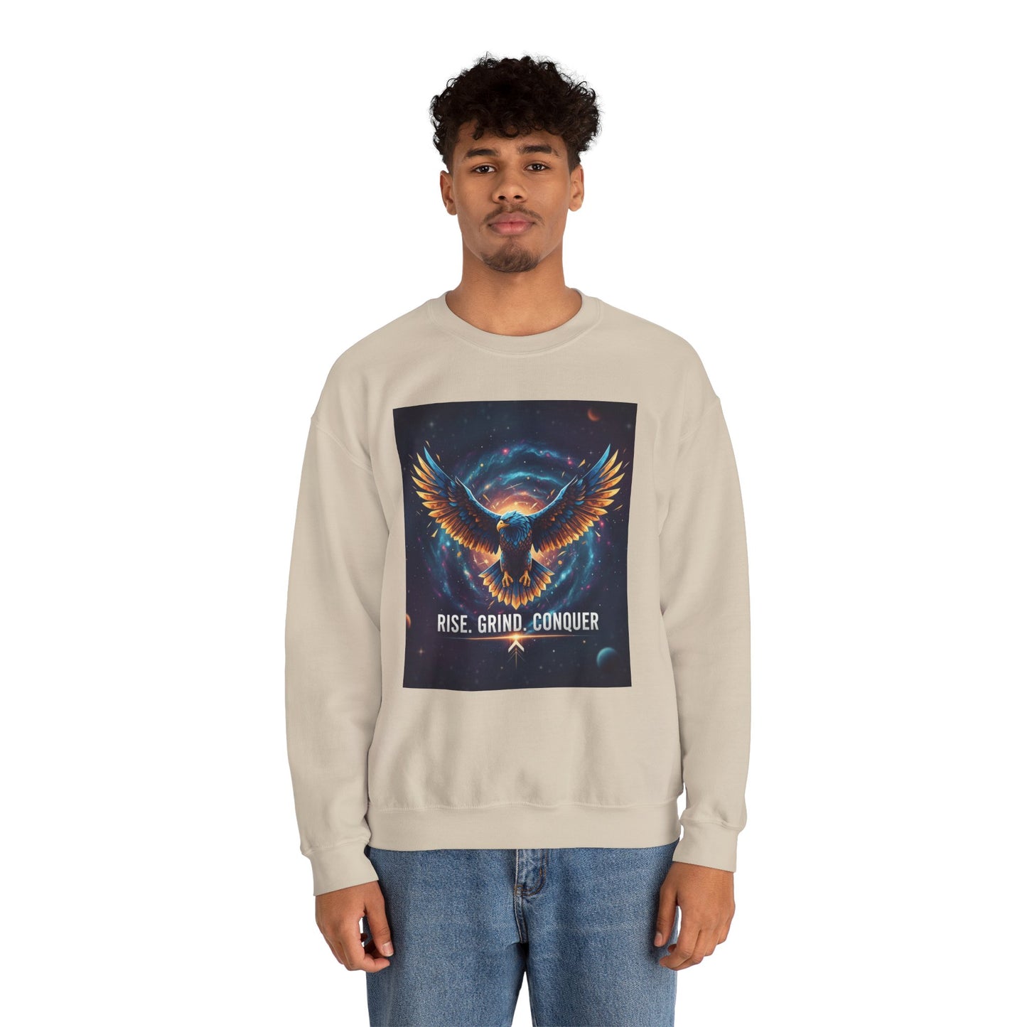 Cosmic Inspirational Sweatshirt - Rise, Grind, Conquer, Motivational Apparel, Unisex Crewneck, Casual Wear, Gift for Dreamers