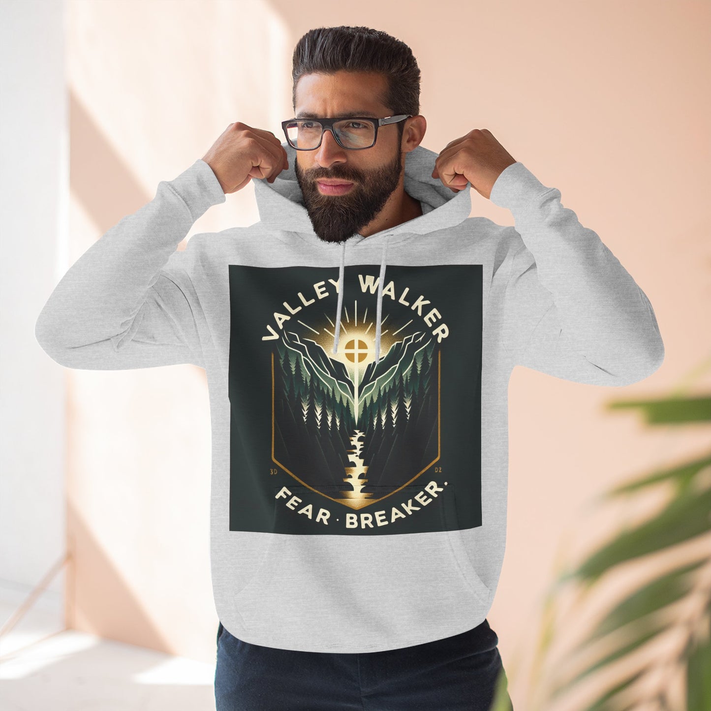 Valley Walker Fleece Hoodie - Fear Breaker, Cozy Hoodie, Inspirational Sweatshirt, Nature Lover Gift, Adventure Apparel