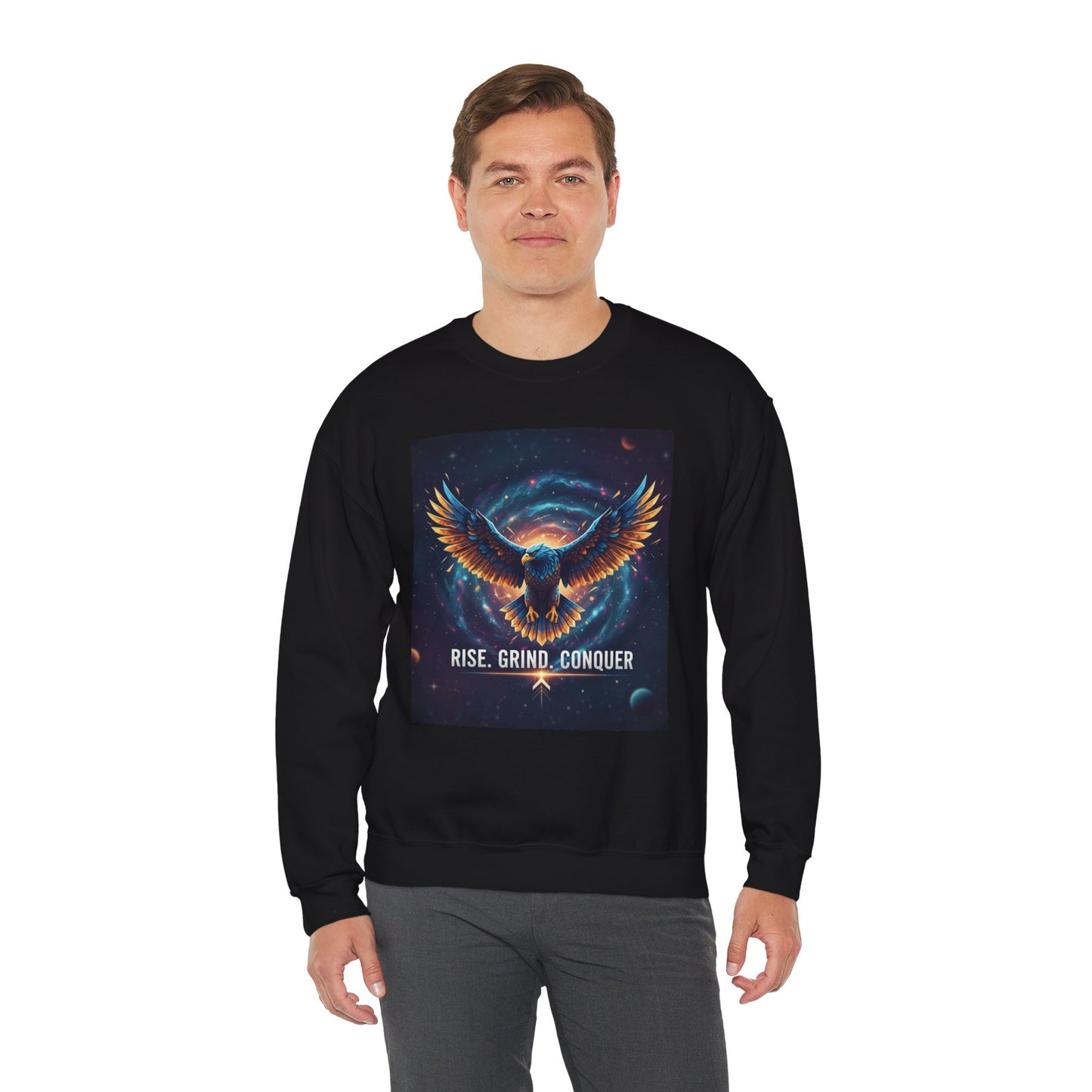 Cosmic Inspirational Sweatshirt - Rise, Grind, Conquer, Motivational Apparel, Unisex Crewneck, Casual Wear, Gift for Dreamers