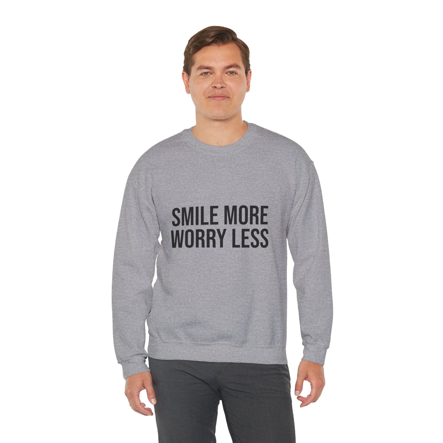 Unisex Inspirational Crewneck Sweatshirt - Smile More Worry Less, Cozy Gift for Friends, Relaxed Style, Casual Wear, Positive Vibes