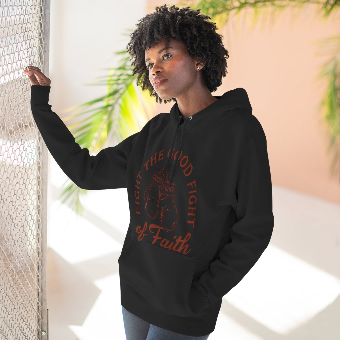 Three- Panel Fleece Hoodie, Inspirational Sweatshirt, Fight the Good Fight Apparel, Comfort Wear for Believers.
