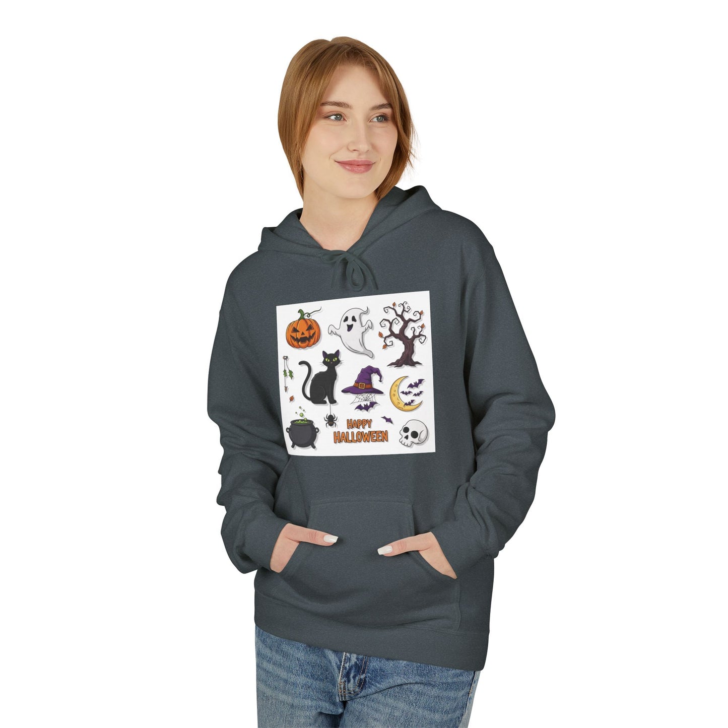 Halloween Cute Cat Fleece Hoodie, Spooky Season Apparel, Unisex Sweatshirt, Fall Fashion, Cozy Gift for Halloween Lovers