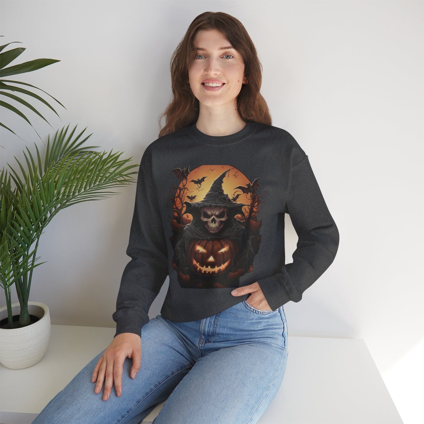 Halloween Witch Skull Sweatshirt, Unisex Crewneck, Fall Fashion, Cozy Sweater, Spooky Apparel, Halloween Gift