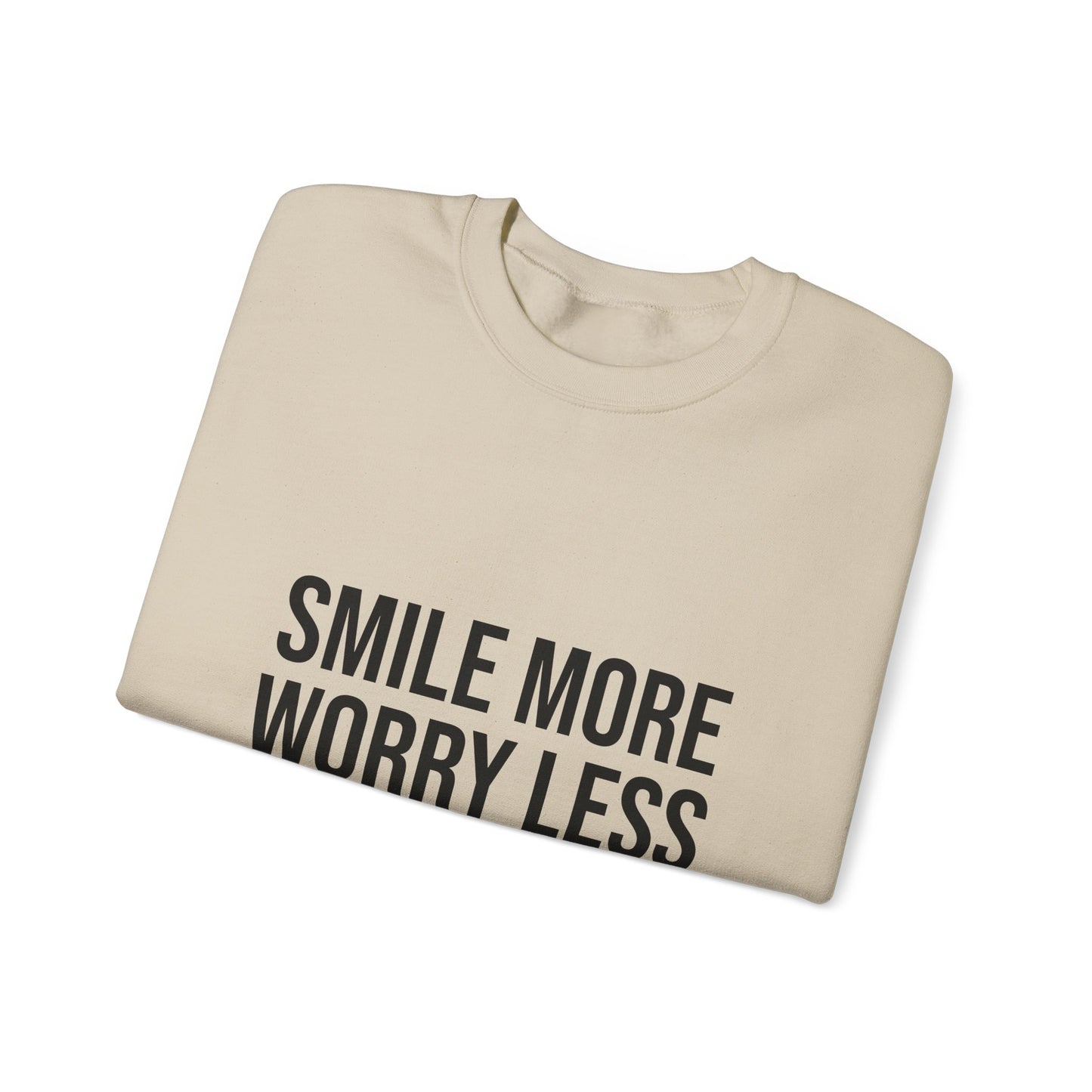 Unisex Inspirational Crewneck Sweatshirt - Smile More Worry Less, Cozy Gift for Friends, Relaxed Style, Casual Wear, Positive Vibes