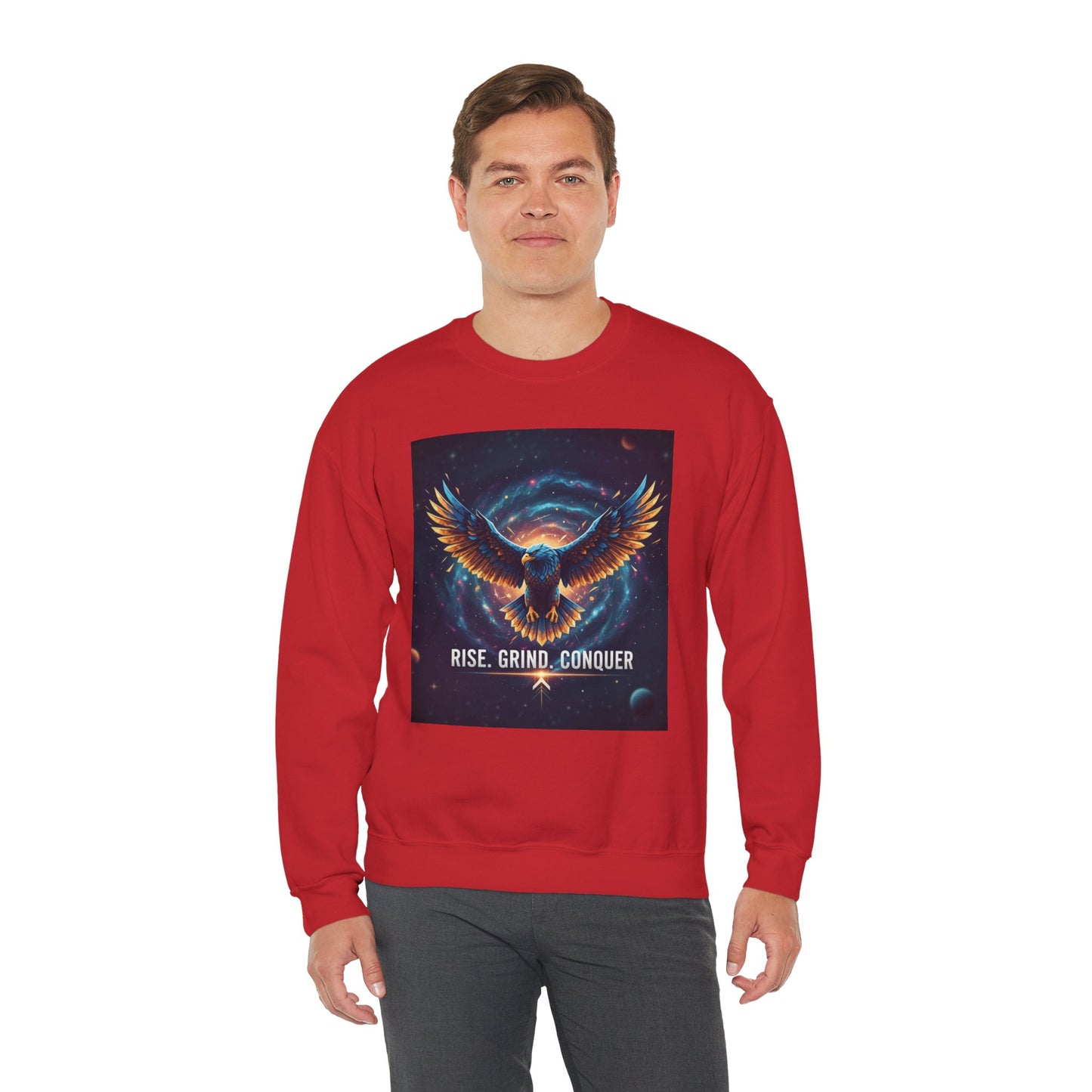 Cosmic Inspirational Sweatshirt - Rise, Grind, Conquer, Motivational Apparel, Unisex Crewneck, Casual Wear, Gift for Dreamers