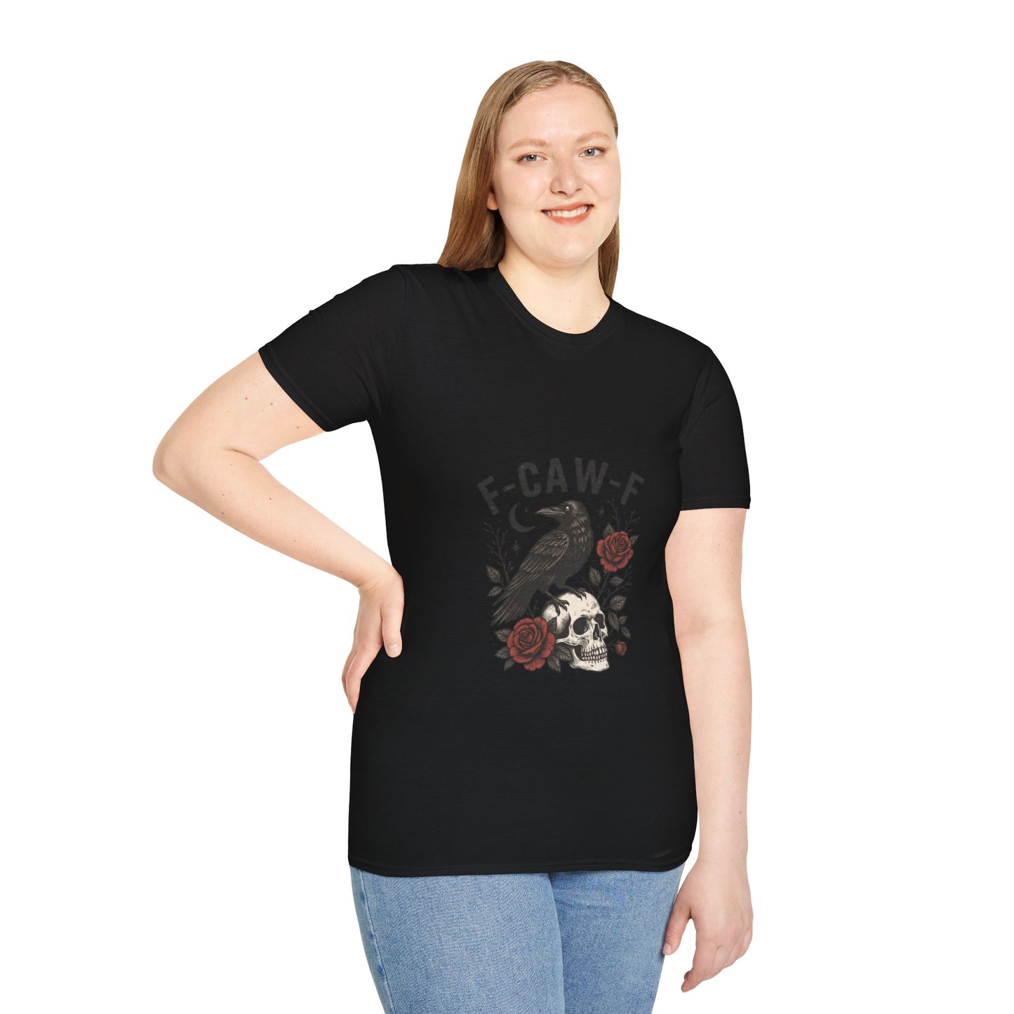 Gothic Raven T-Shirt | Unisex Softstyle Tee, Halloween Wear, Unique Gift, Casual Outfit, Skulls & Roses Design