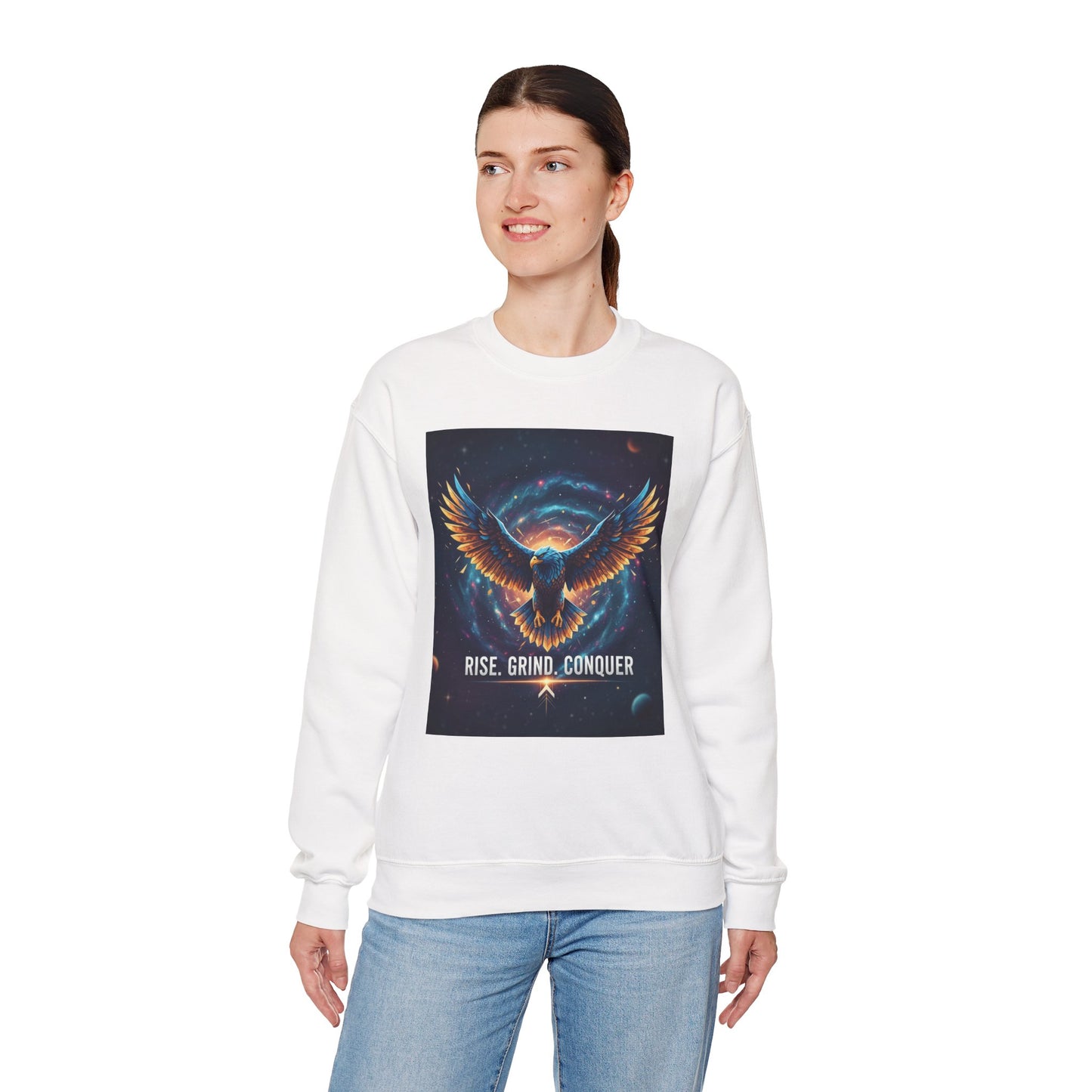 Cosmic Inspirational Sweatshirt - Rise, Grind, Conquer, Motivational Apparel, Unisex Crewneck, Casual Wear, Gift for Dreamers