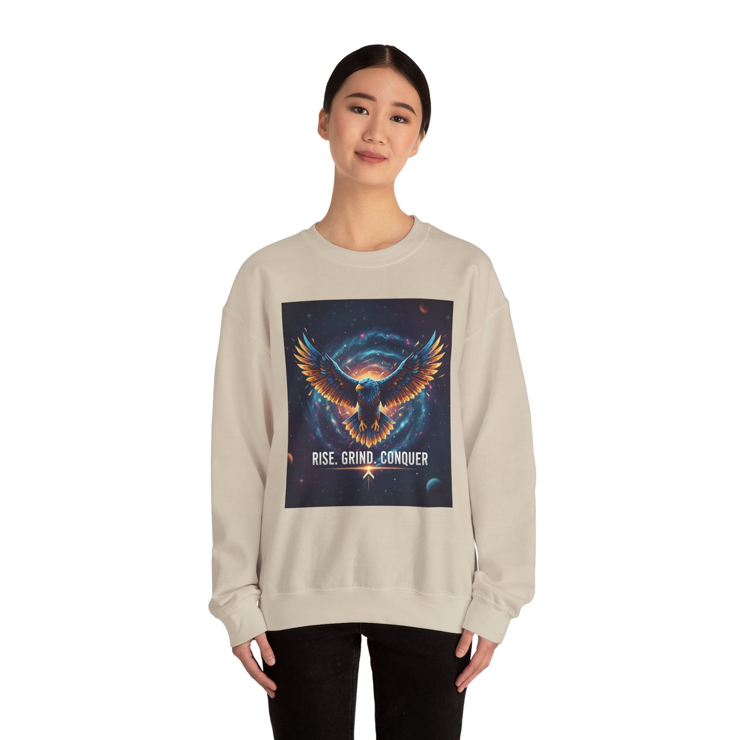 Cosmic Inspirational Sweatshirt - Rise, Grind, Conquer, Motivational Apparel, Unisex Crewneck, Casual Wear, Gift for Dreamers