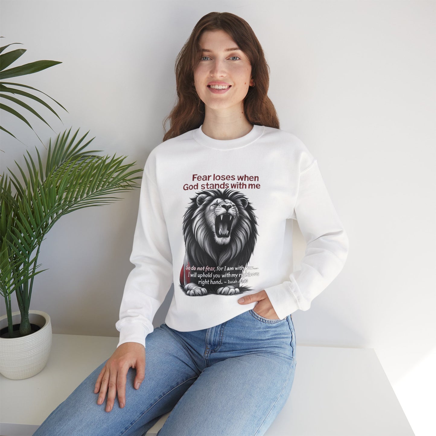 Fearless Lion Inspirational Crewneck Sweatshirt, Motivational Gift, Unisex Apparel, Cozy Sweatshirt, Christian Quote Sweatshirt