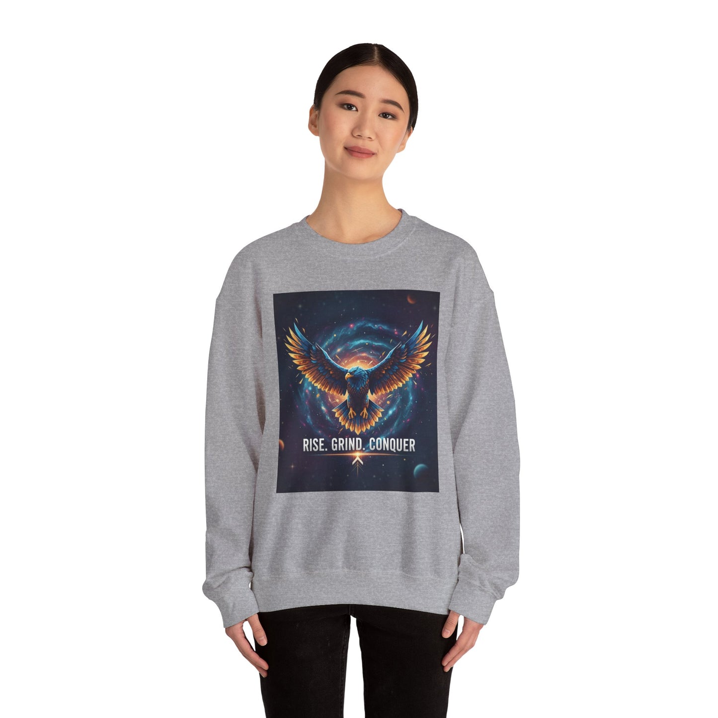 Cosmic Inspirational Sweatshirt - Rise, Grind, Conquer, Motivational Apparel, Unisex Crewneck, Casual Wear, Gift for Dreamers