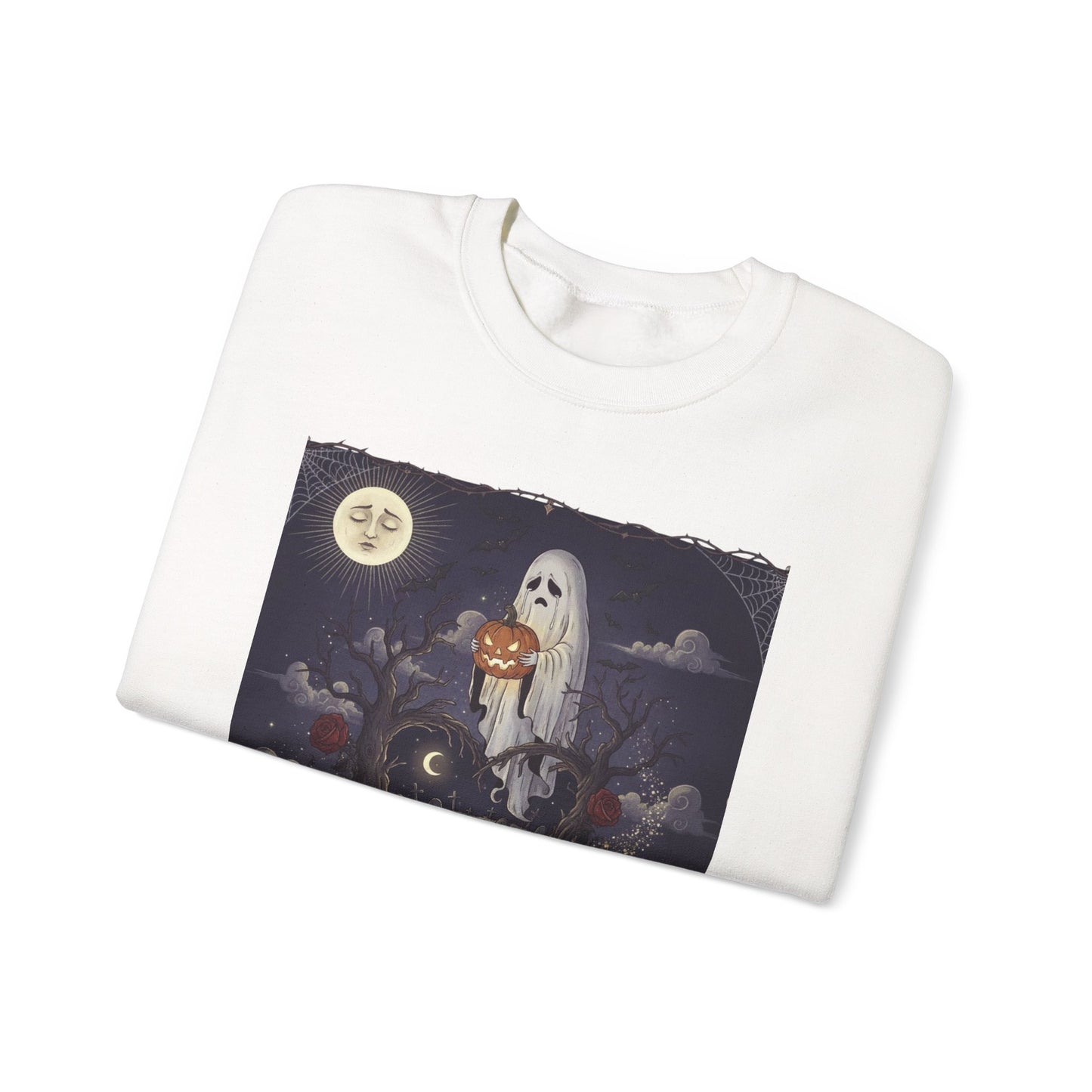 Eternal Halloween Crewneck Sweatshirt, Cozy Ghost Artwork, Unisex Sweater for Fall, Halloween Casual Wear, Spooky Season Gift