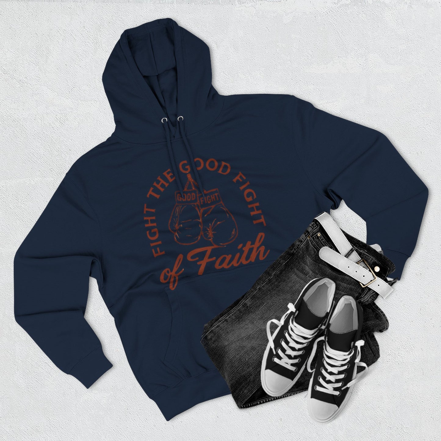 Three- Panel Fleece Hoodie, Inspirational Sweatshirt, Fight the Good Fight Apparel, Comfort Wear for Believers.