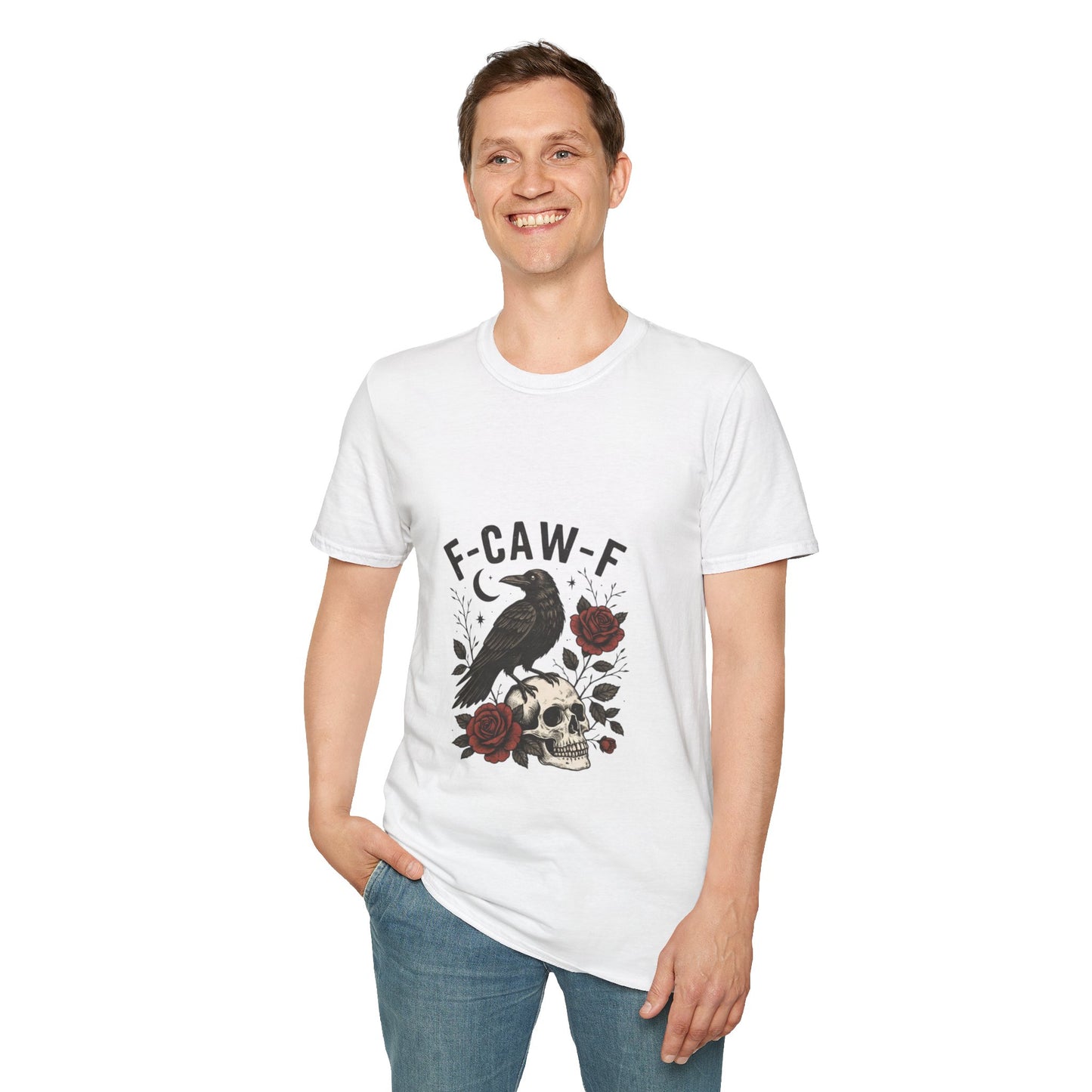 Gothic Raven T-Shirt | Unisex Softstyle Tee, Halloween Wear, Unique Gift, Casual Outfit, Skulls & Roses Design