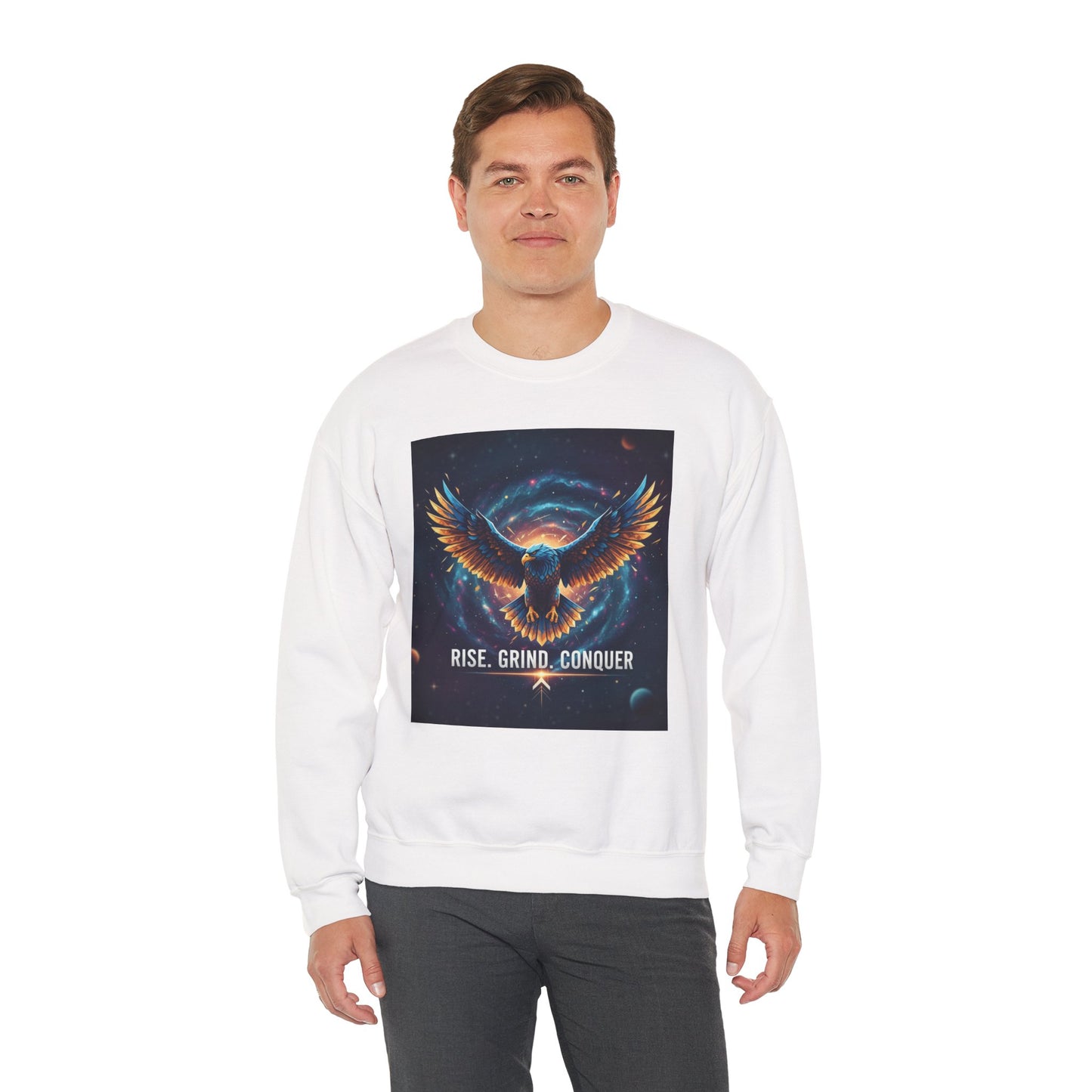 Cosmic Inspirational Sweatshirt - Rise, Grind, Conquer, Motivational Apparel, Unisex Crewneck, Casual Wear, Gift for Dreamers