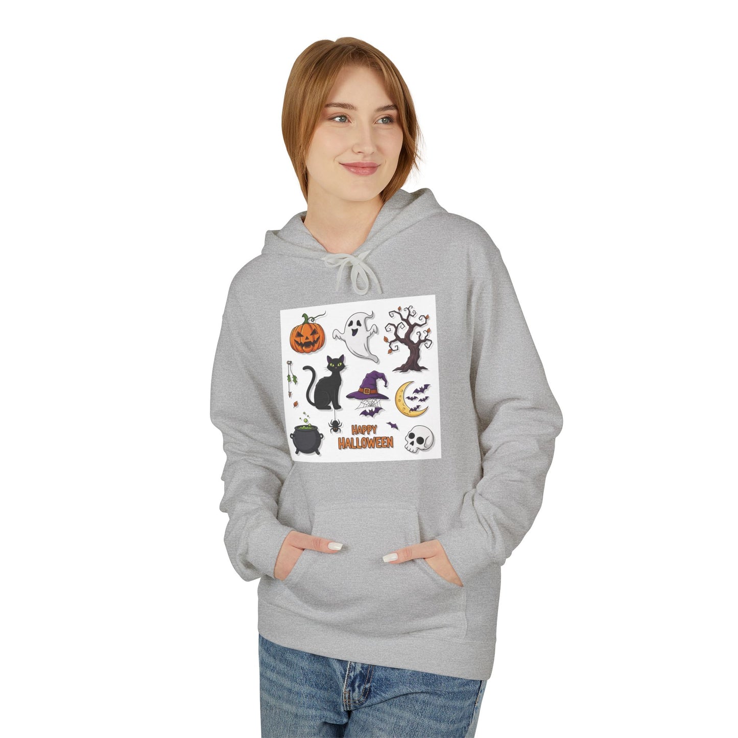Halloween Cute Cat Fleece Hoodie, Spooky Season Apparel, Unisex Sweatshirt, Fall Fashion, Cozy Gift for Halloween Lovers