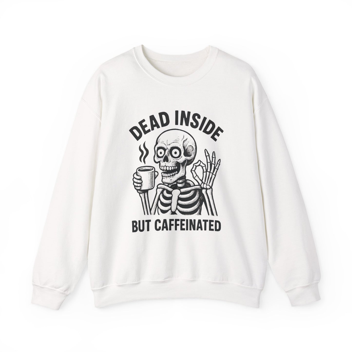 Caffeinated Skeleton Crewneck Sweatshirt - Cozy Unisex Pullover, Fun Halloween Gift, Casual Fashion, Spooky Lounge Wear, Everyday Comfort