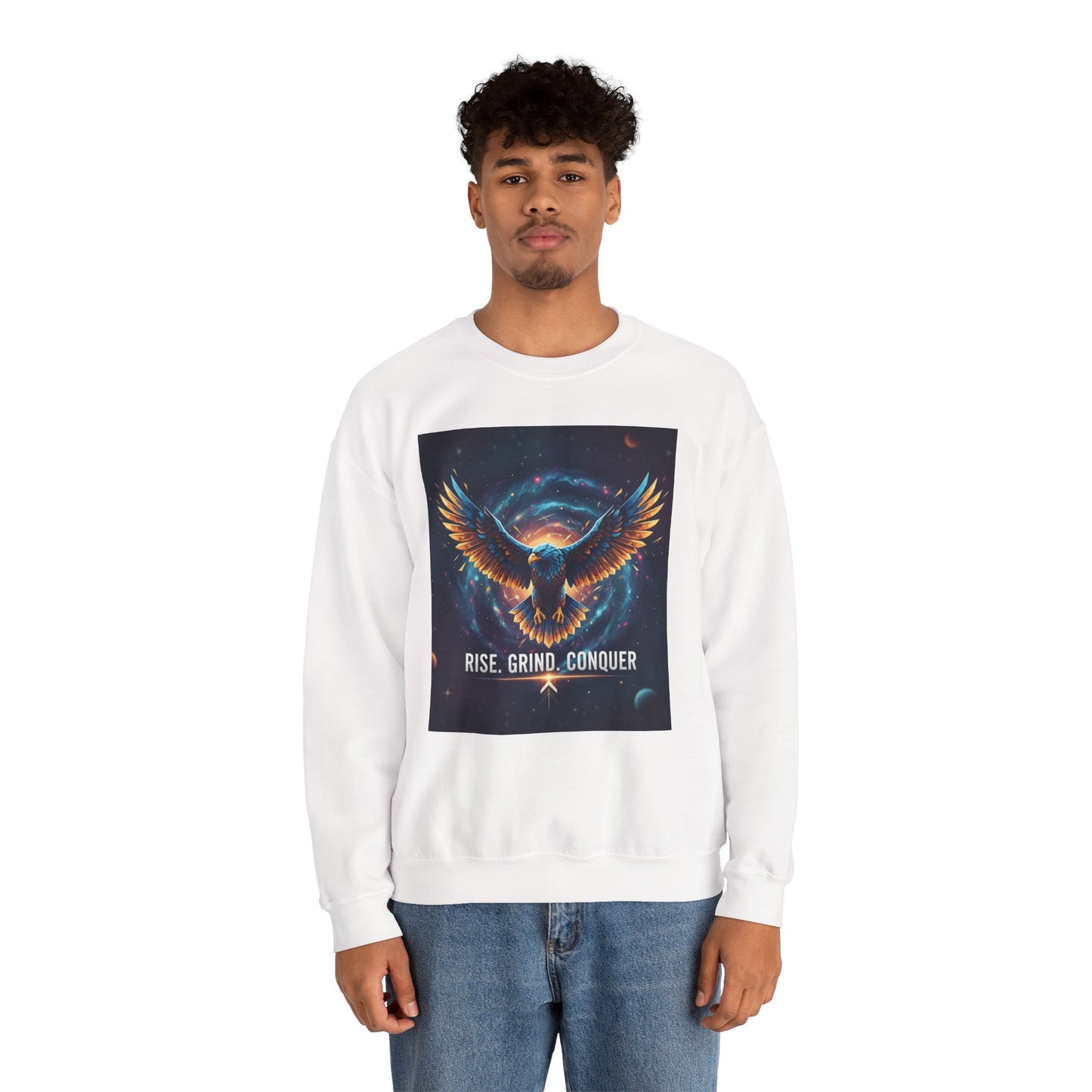 Cosmic Inspirational Sweatshirt - Rise, Grind, Conquer, Motivational Apparel, Unisex Crewneck, Casual Wear, Gift for Dreamers