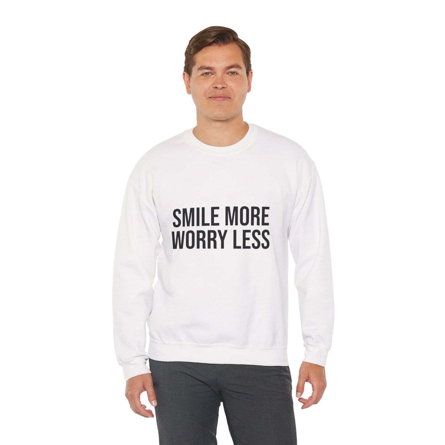Unisex Inspirational Crewneck Sweatshirt - Smile More Worry Less, Cozy Gift for Friends, Relaxed Style, Casual Wear, Positive Vibes