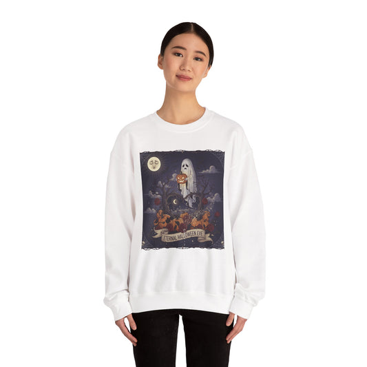 Eternal Halloween Crewneck Sweatshirt, Cozy Ghost Artwork, Unisex Sweater for Fall, Halloween Casual Wear, Spooky Season Gift