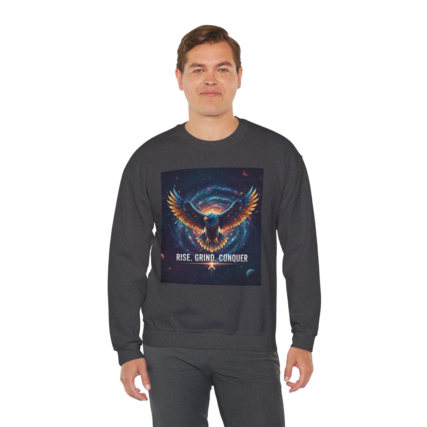 Cosmic Inspirational Sweatshirt - Rise, Grind, Conquer, Motivational Apparel, Unisex Crewneck, Casual Wear, Gift for Dreamers