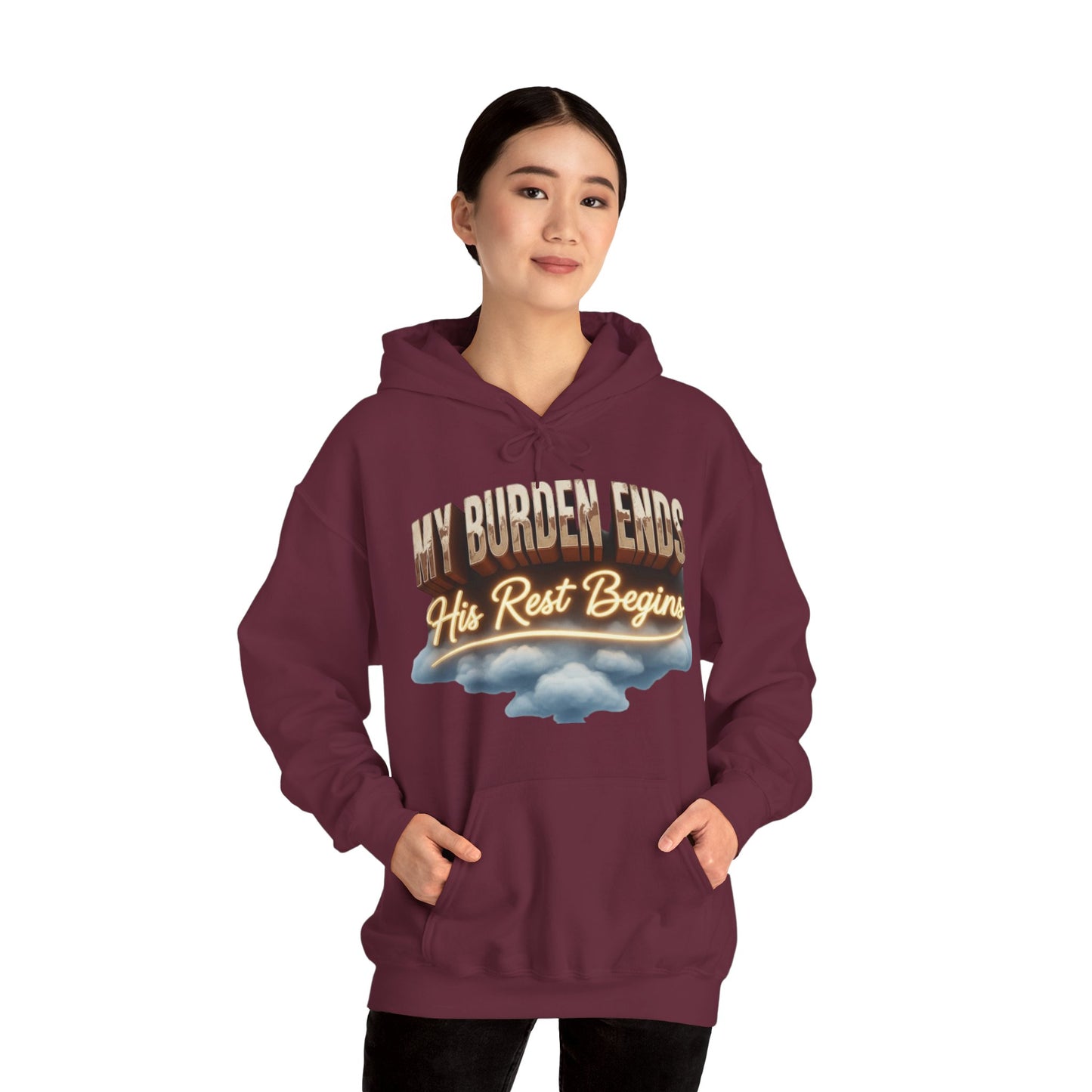 Motivational Hoodie - My Burden Ends, His Rest Begins | Cozy Sweatshirt, Inspirational Gift, Relaxationwear, Everyday Apparel,
