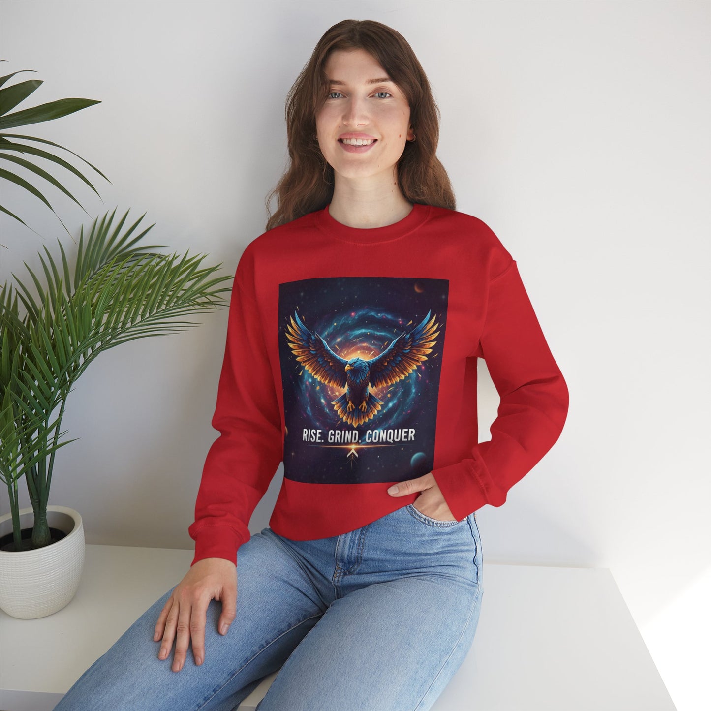 Cosmic Inspirational Sweatshirt - Rise, Grind, Conquer, Motivational Apparel, Unisex Crewneck, Casual Wear, Gift for Dreamers