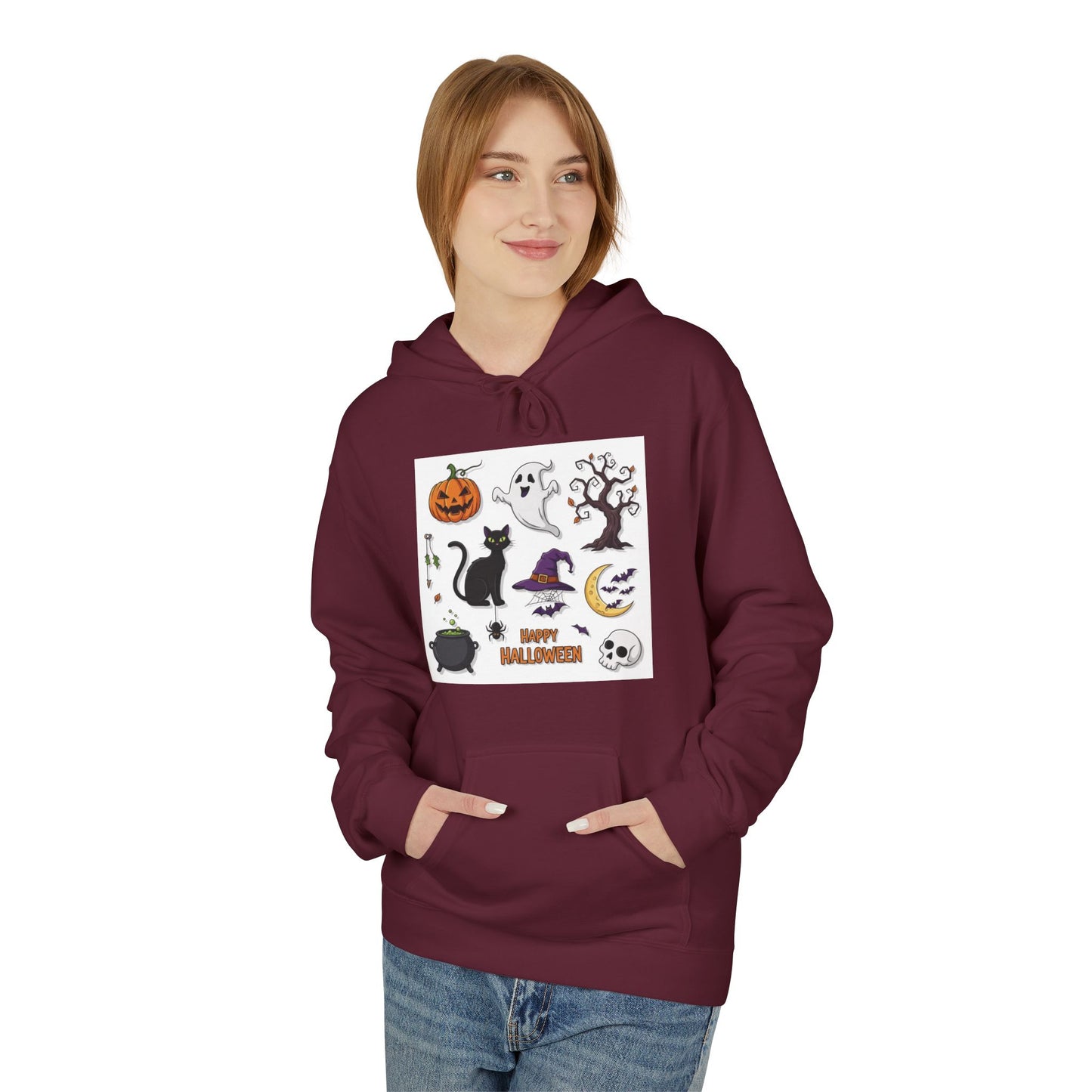 Halloween Cute Cat Fleece Hoodie, Spooky Season Apparel, Unisex Sweatshirt, Fall Fashion, Cozy Gift for Halloween Lovers