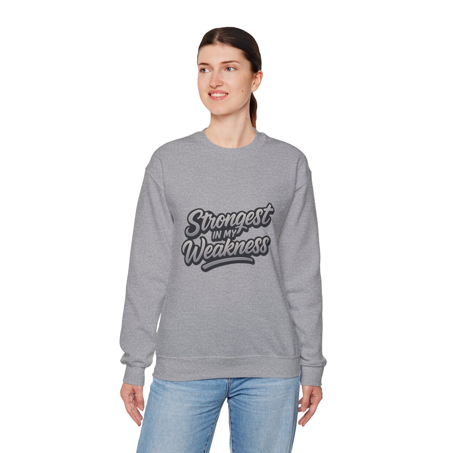 Motivational Crewneck Sweatshirt - "Strongest in My Weakness" - Cozy Gift for Wellness, Affirmation, Self-Care, Inspirational Style