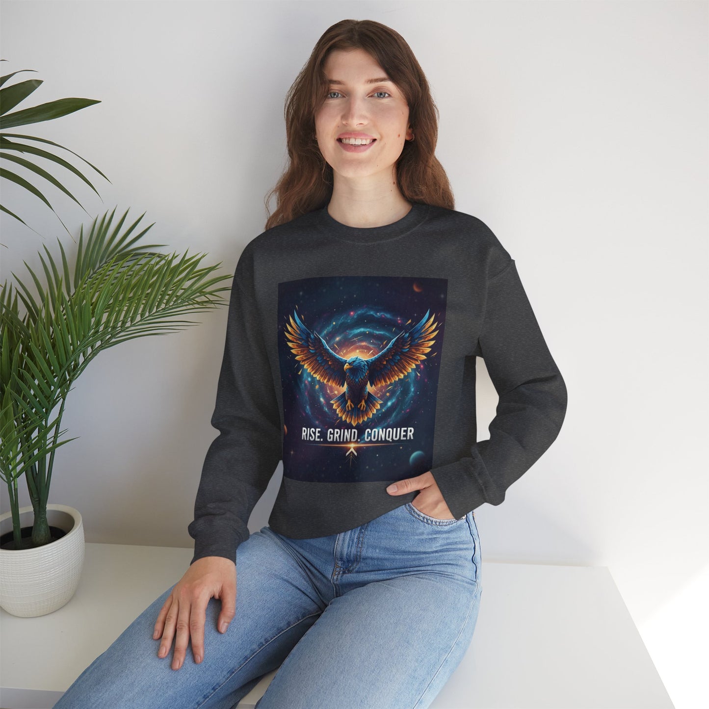 Cosmic Inspirational Sweatshirt - Rise, Grind, Conquer, Motivational Apparel, Unisex Crewneck, Casual Wear, Gift for Dreamers