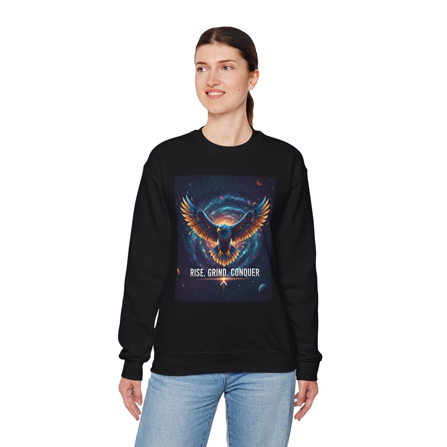 Cosmic Inspirational Sweatshirt - Rise, Grind, Conquer, Motivational Apparel, Unisex Crewneck, Casual Wear, Gift for Dreamers
