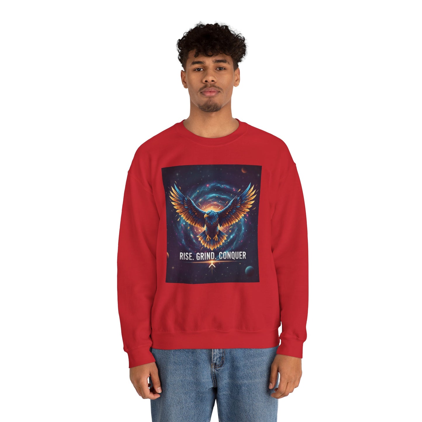 Cosmic Inspirational Sweatshirt - Rise, Grind, Conquer, Motivational Apparel, Unisex Crewneck, Casual Wear, Gift for Dreamers