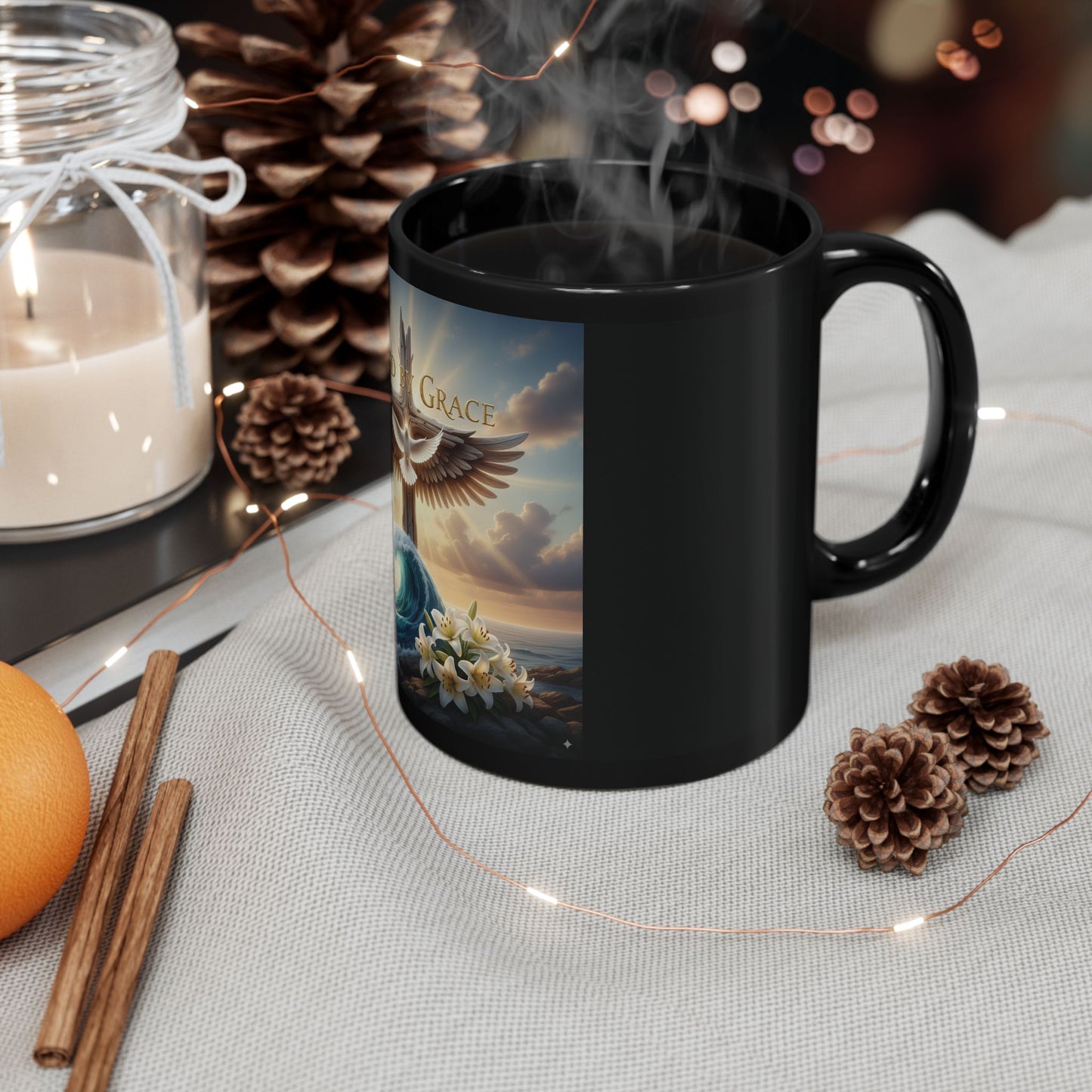 Spiritual Black Mug with Design - Saved by Grace, Faith Gift, Inspirational Coffee Cup, Religious Tea Mug, Unique Home Décor