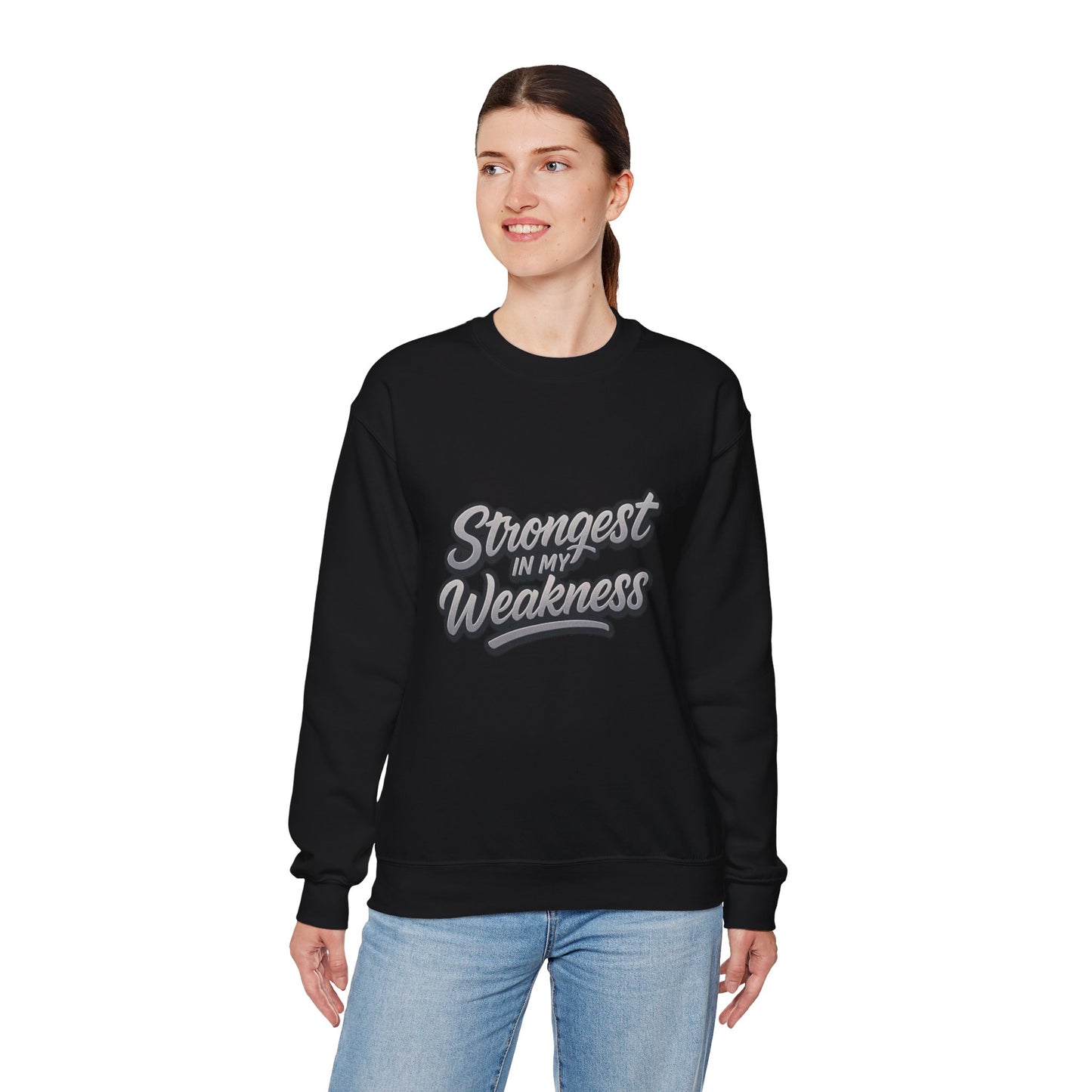 Motivational Crewneck Sweatshirt - "Strongest in My Weakness" - Cozy Gift for Wellness, Affirmation, Self-Care, Inspirational Style