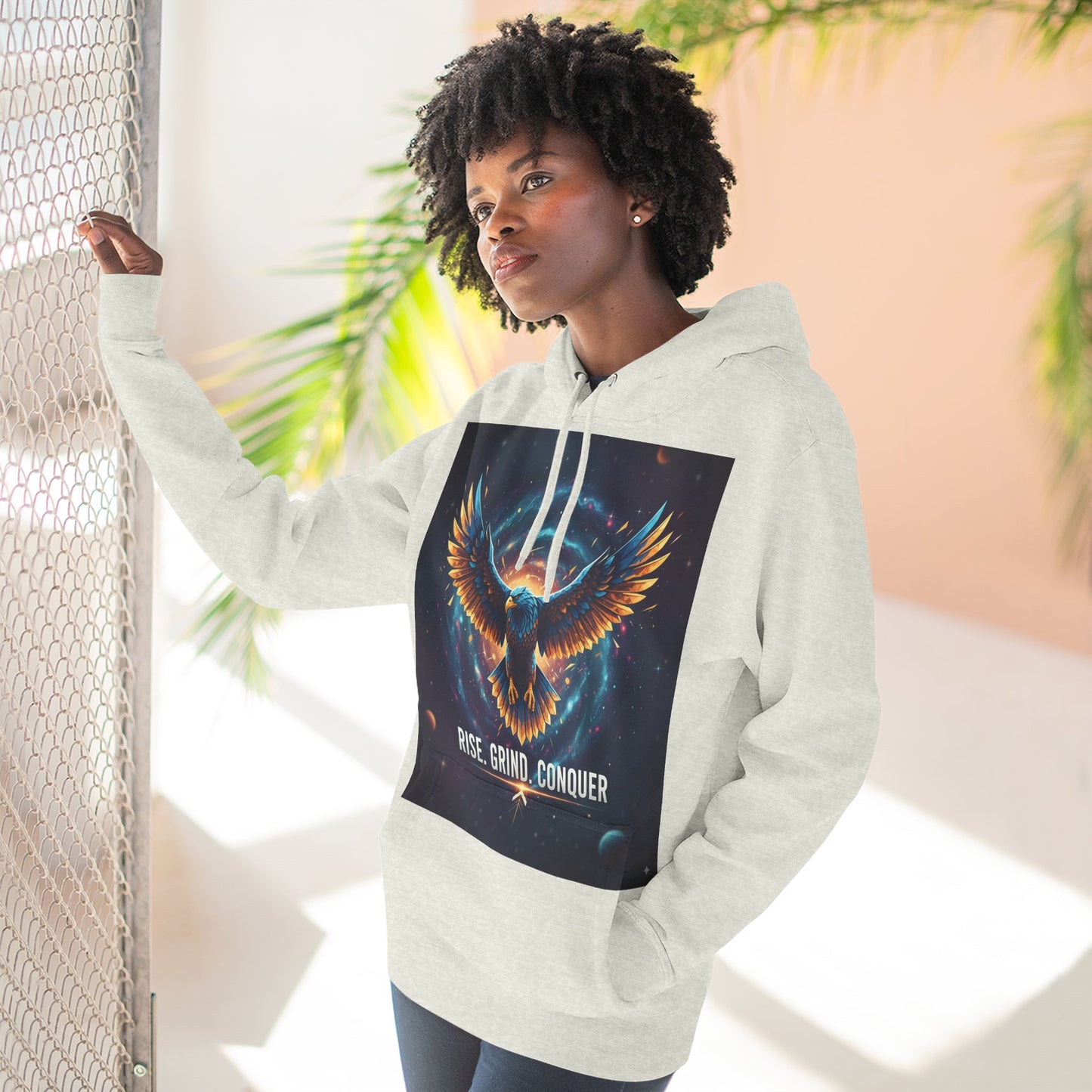 Motivational Fleece Hoodie, Rise Grind Conquer Sweatshirt, Gift for Gym Lovers, Inspirational Casual Wear, Cozy Fitness Apparel