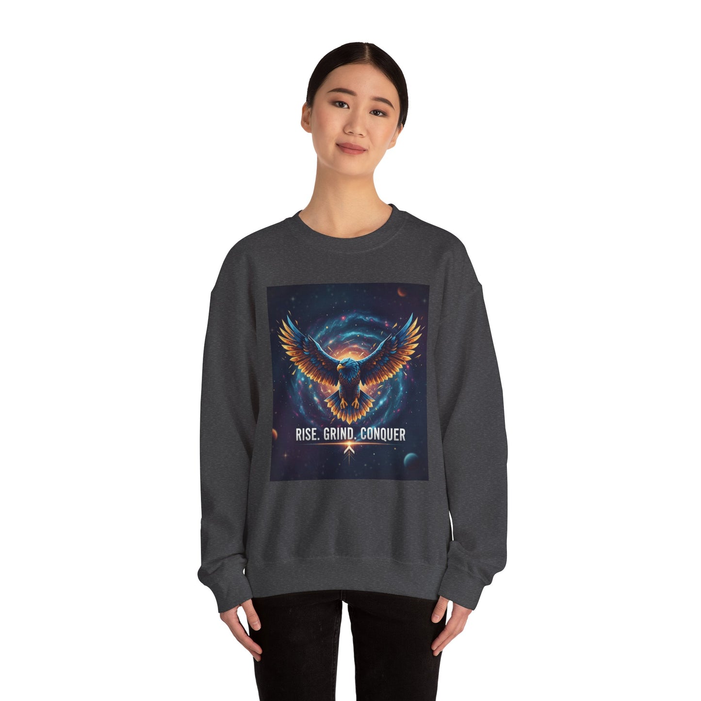 Cosmic Inspirational Sweatshirt - Rise, Grind, Conquer, Motivational Apparel, Unisex Crewneck, Casual Wear, Gift for Dreamers