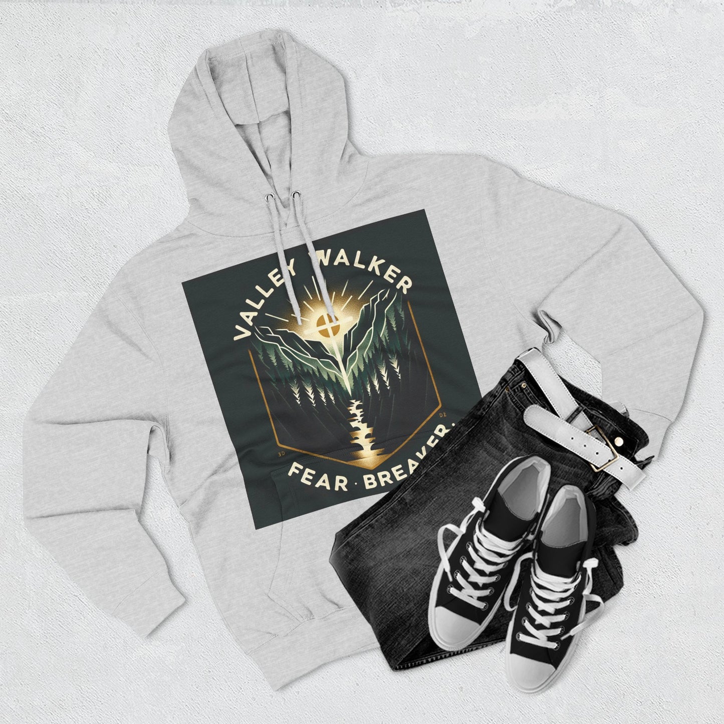 Valley Walker Fleece Hoodie - Fear Breaker, Cozy Hoodie, Inspirational Sweatshirt, Nature Lover Gift, Adventure Apparel