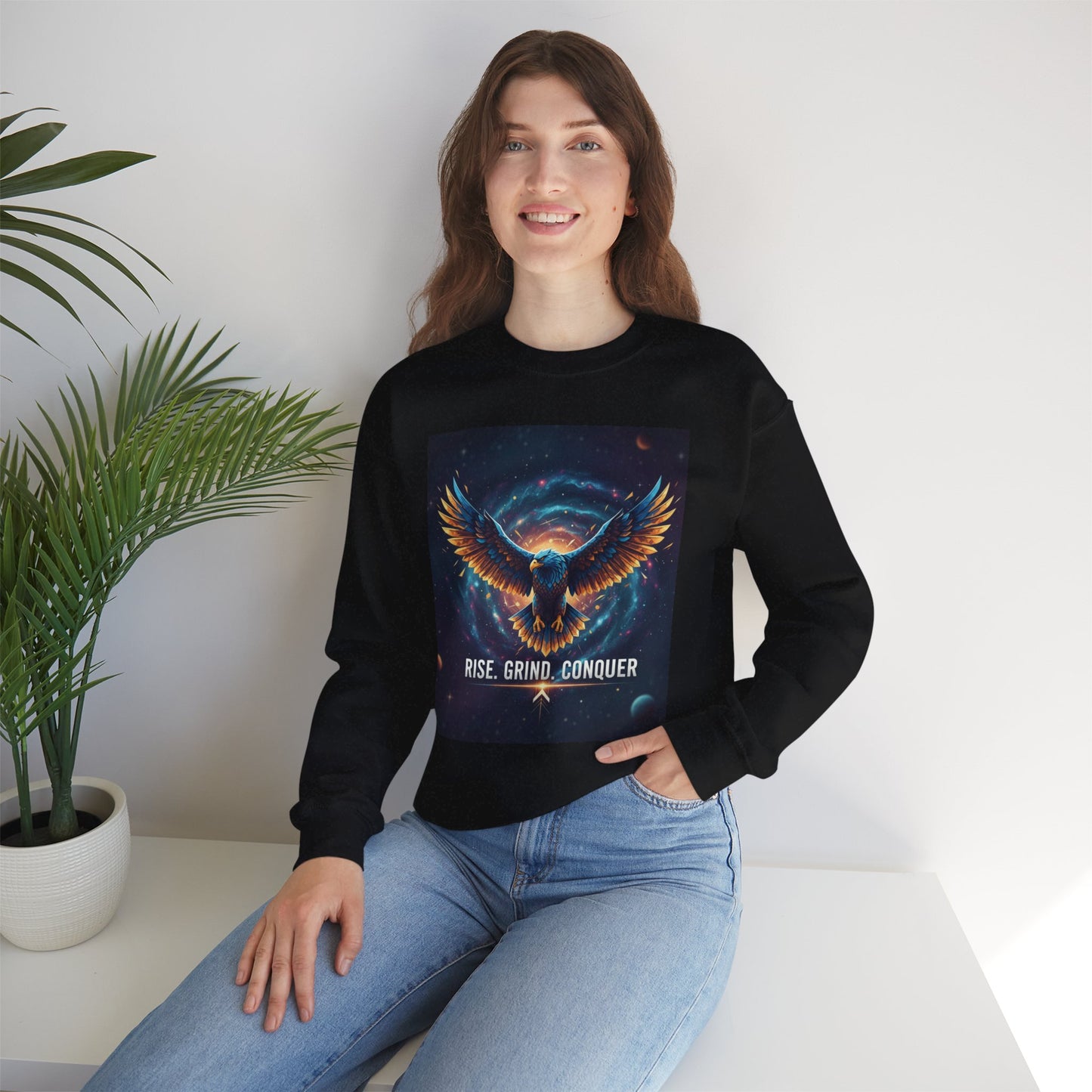 Cosmic Inspirational Sweatshirt - Rise, Grind, Conquer, Motivational Apparel, Unisex Crewneck, Casual Wear, Gift for Dreamers