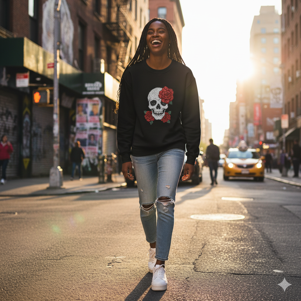 Skull and Roses Fleece Hoodie - Cozy Halloween Sweatshirt, Gothic Hoodie, Unisex Gift, Alternative Fashion, Casual Layering