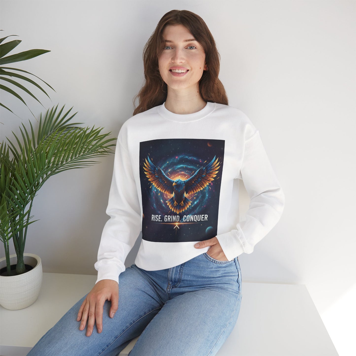 Cosmic Inspirational Sweatshirt - Rise, Grind, Conquer, Motivational Apparel, Unisex Crewneck, Casual Wear, Gift for Dreamers