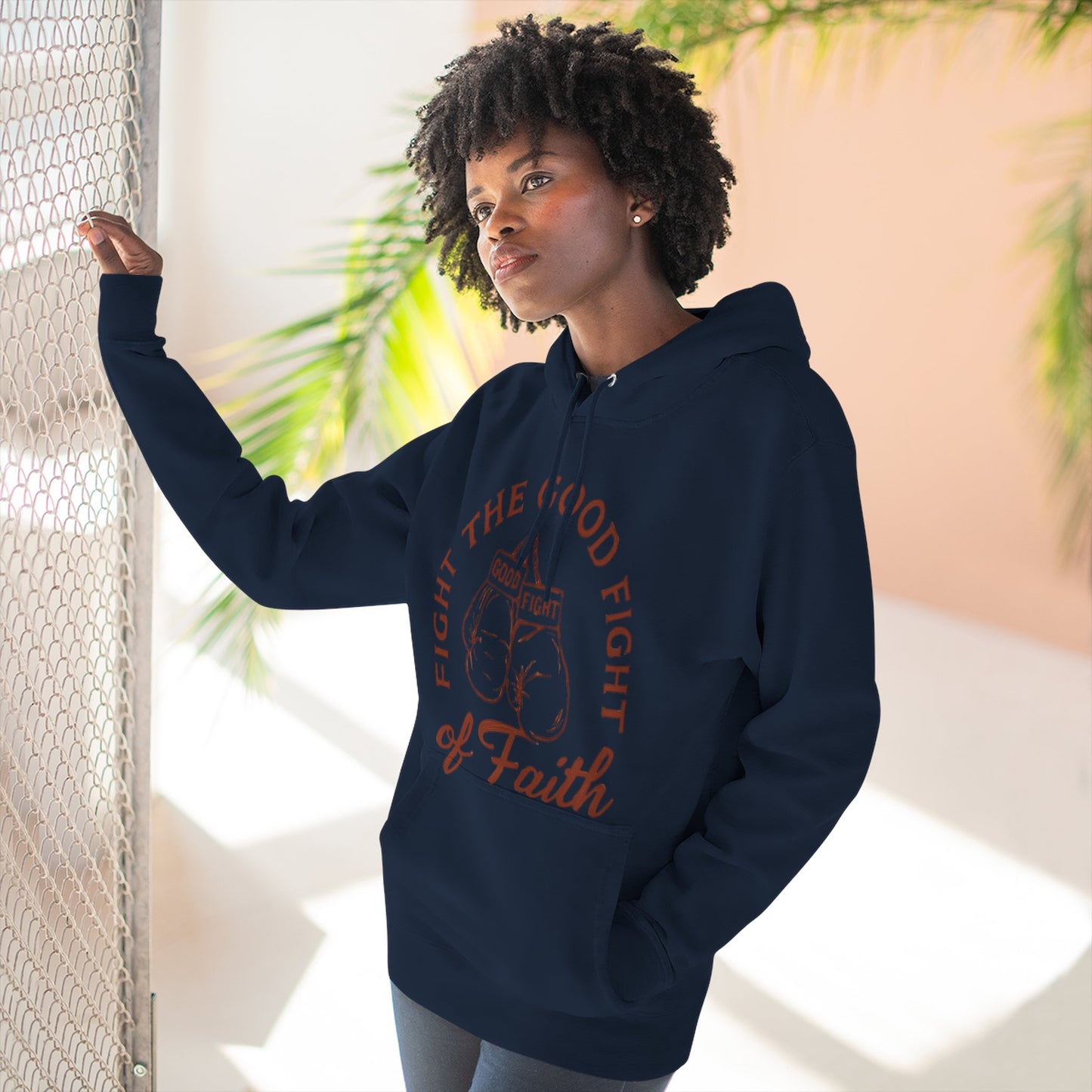 Three- Panel Fleece Hoodie, Inspirational Sweatshirt, Fight the Good Fight Apparel, Comfort Wear for Believers.