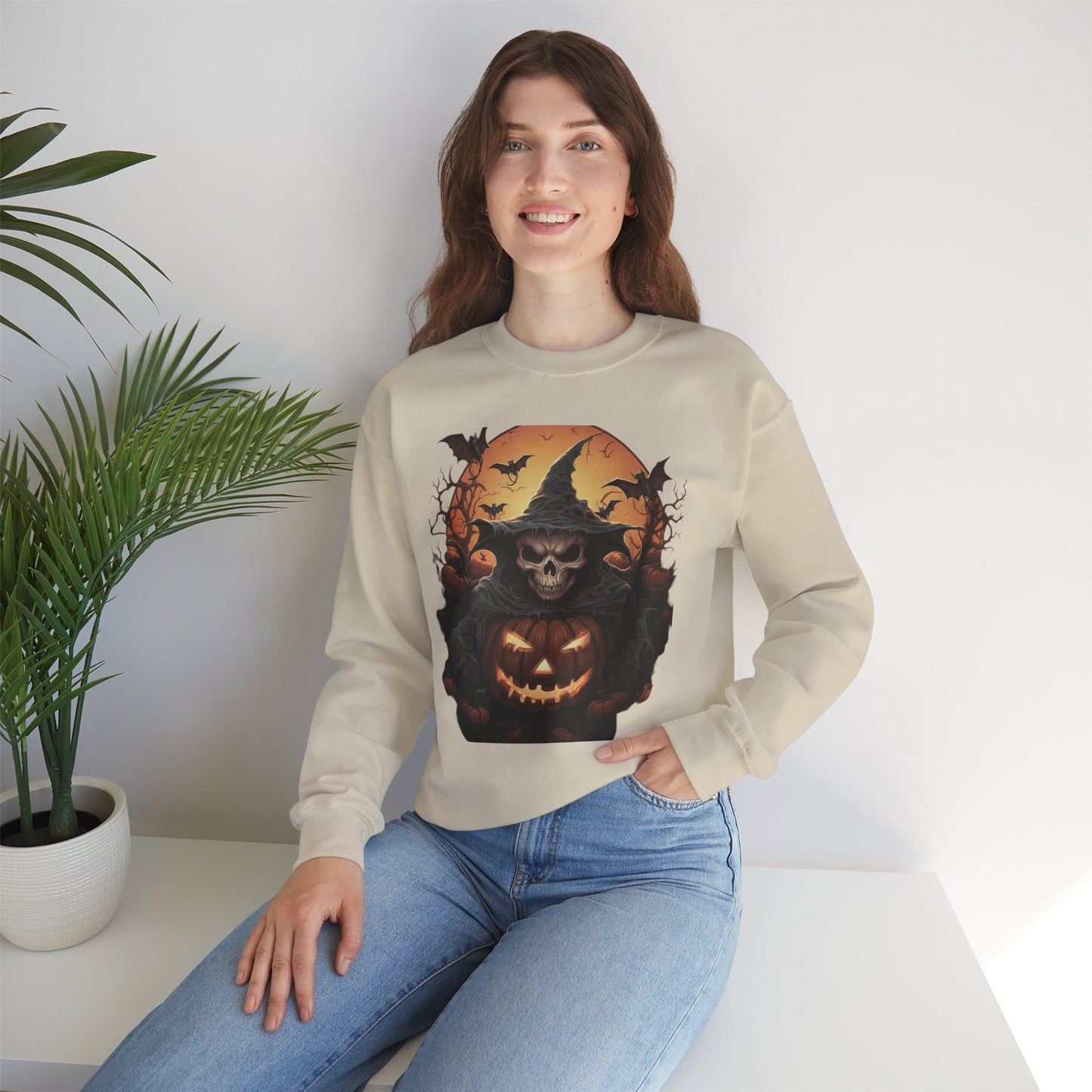 Halloween Witch Skull Sweatshirt, Unisex Crewneck, Fall Fashion, Cozy Sweater, Spooky Apparel, Halloween Gift