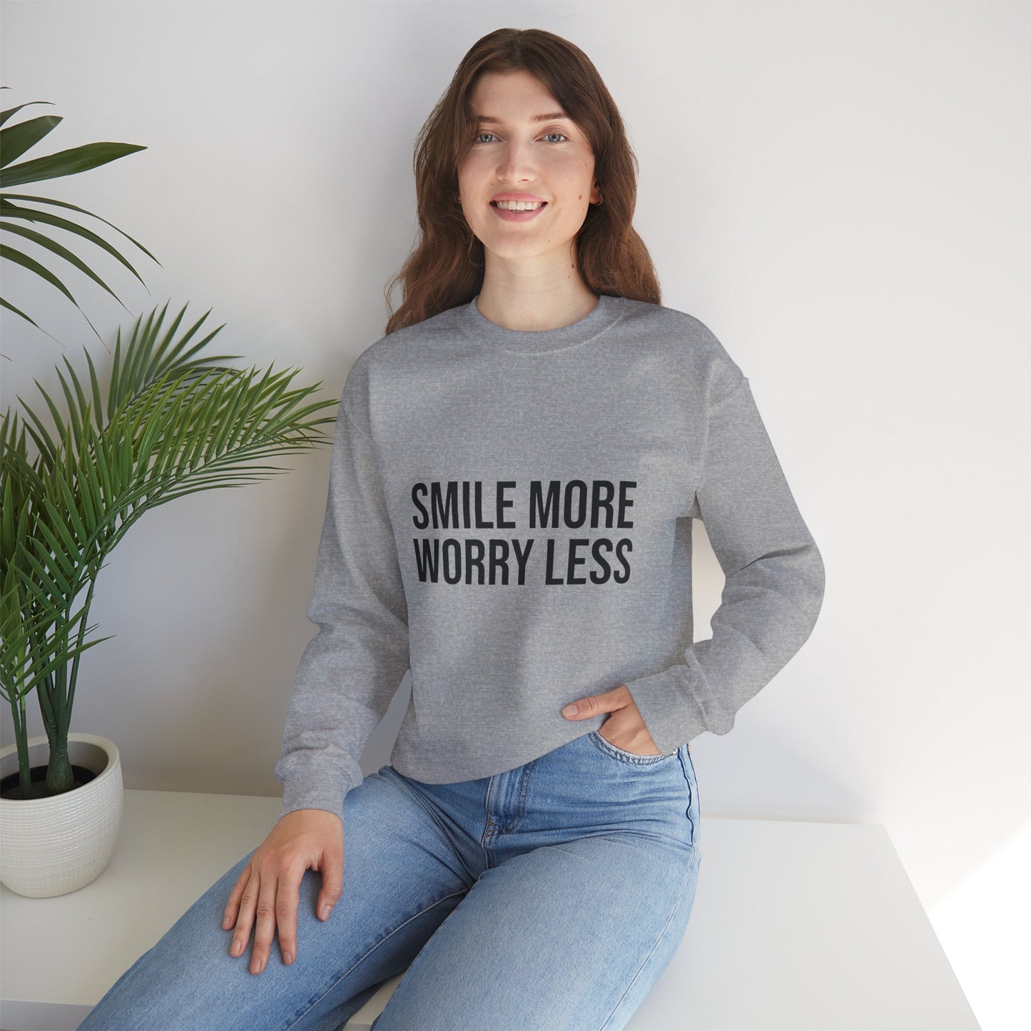 Unisex Inspirational Crewneck Sweatshirt - Smile More Worry Less, Cozy Gift for Friends, Relaxed Style, Casual Wear, Positive Vibes