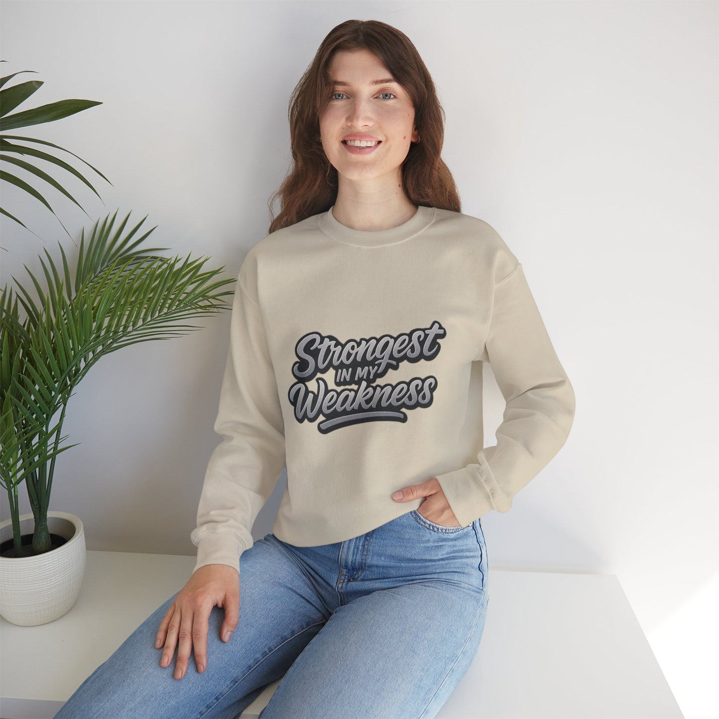 Motivational Crewneck Sweatshirt - "Strongest in My Weakness" - Cozy Gift for Wellness, Affirmation, Self-Care, Inspirational Style