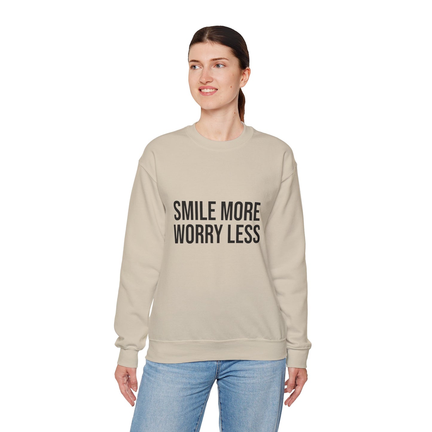 Unisex Inspirational Crewneck Sweatshirt - Smile More Worry Less, Cozy Gift for Friends, Relaxed Style, Casual Wear, Positive Vibes