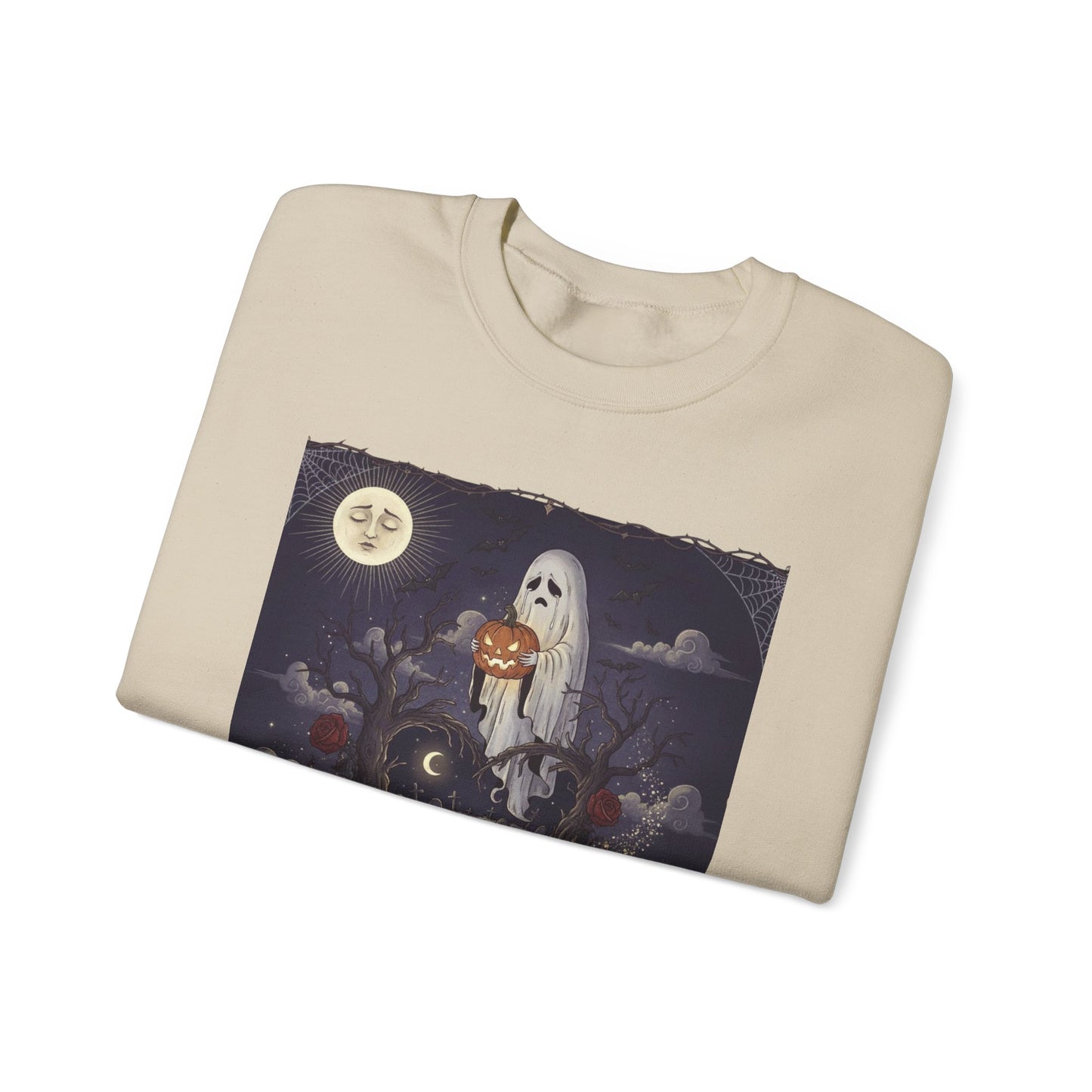 Eternal Halloween Crewneck Sweatshirt, Cozy Ghost Artwork, Unisex Sweater for Fall, Halloween Casual Wear, Spooky Season Gift