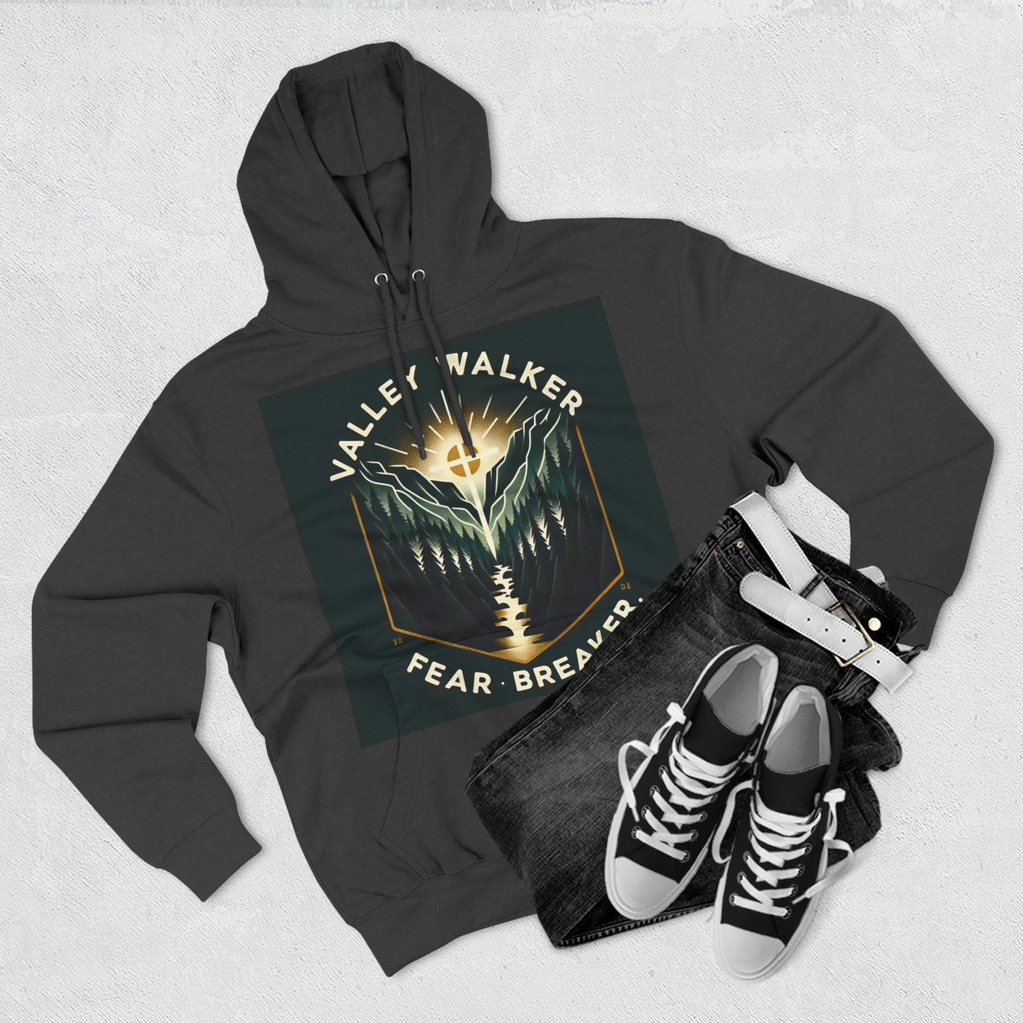 Valley Walker Fleece Hoodie - Fear Breaker, Cozy Hoodie, Inspirational Sweatshirt, Nature Lover Gift, Adventure Apparel